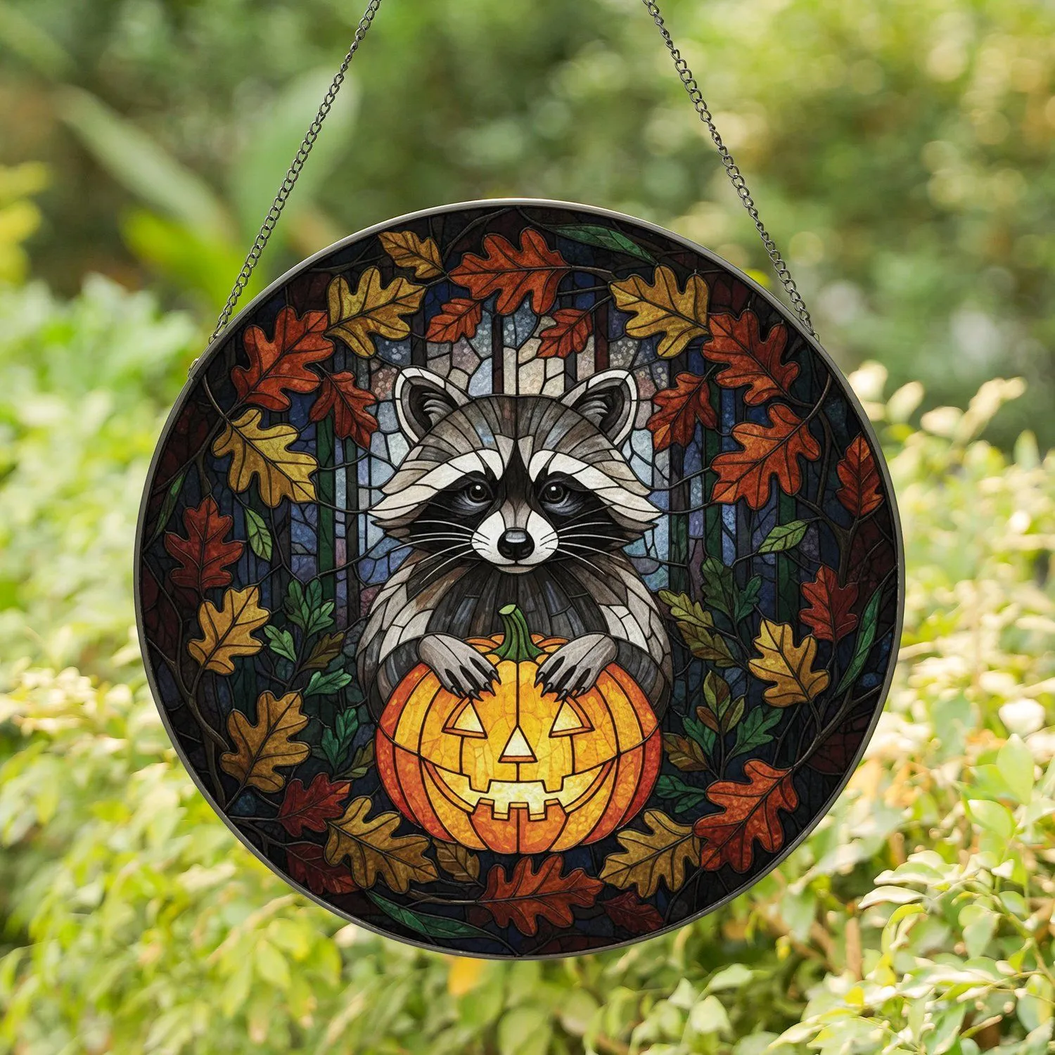 Bandit Raccoon Jack-o'-lantern Autumn Forest - Fall Home Decor Wildlife Lover Gift Stained Glass Suncatcher - 1