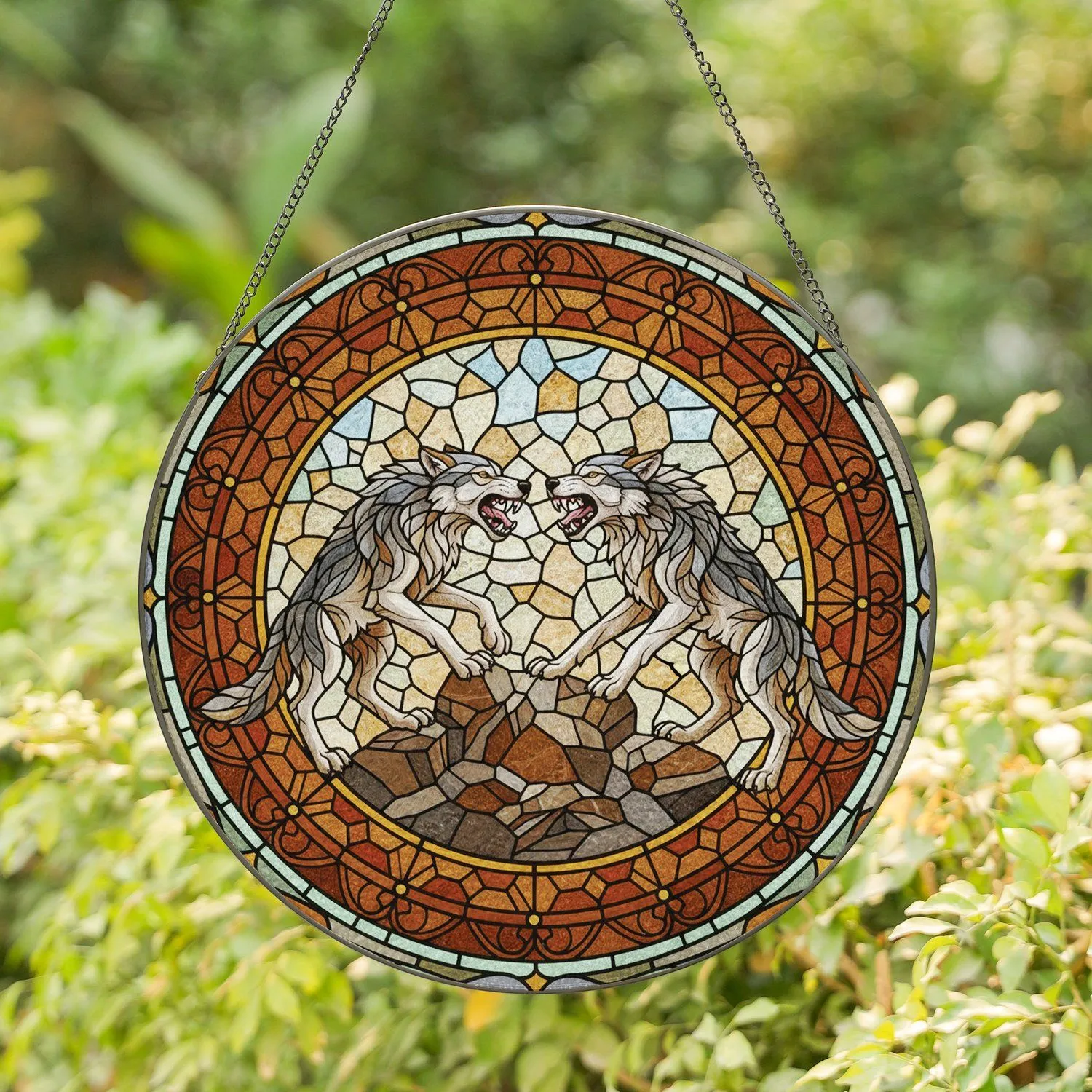 Powerful Snarling Wolves Rugged Rock Formation - Wildlife Lover Home Decor Gift Stained Glass Suncatcher - 1