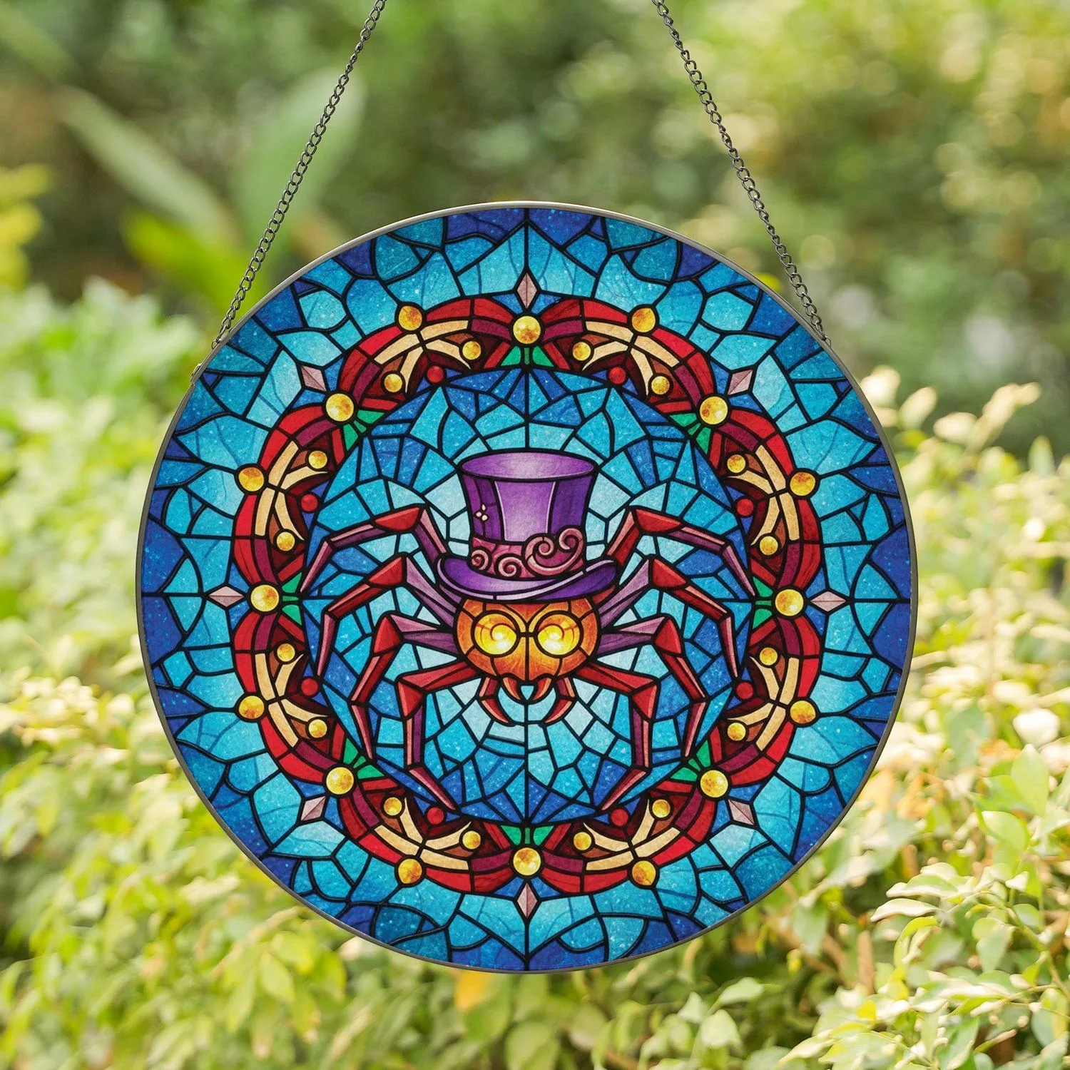 Spider Purple Top Hat Glowing Yellow Eyes Segmented Legs Home Decor Gift for Wildlife Lover Stained Glass Suncatcher - 1