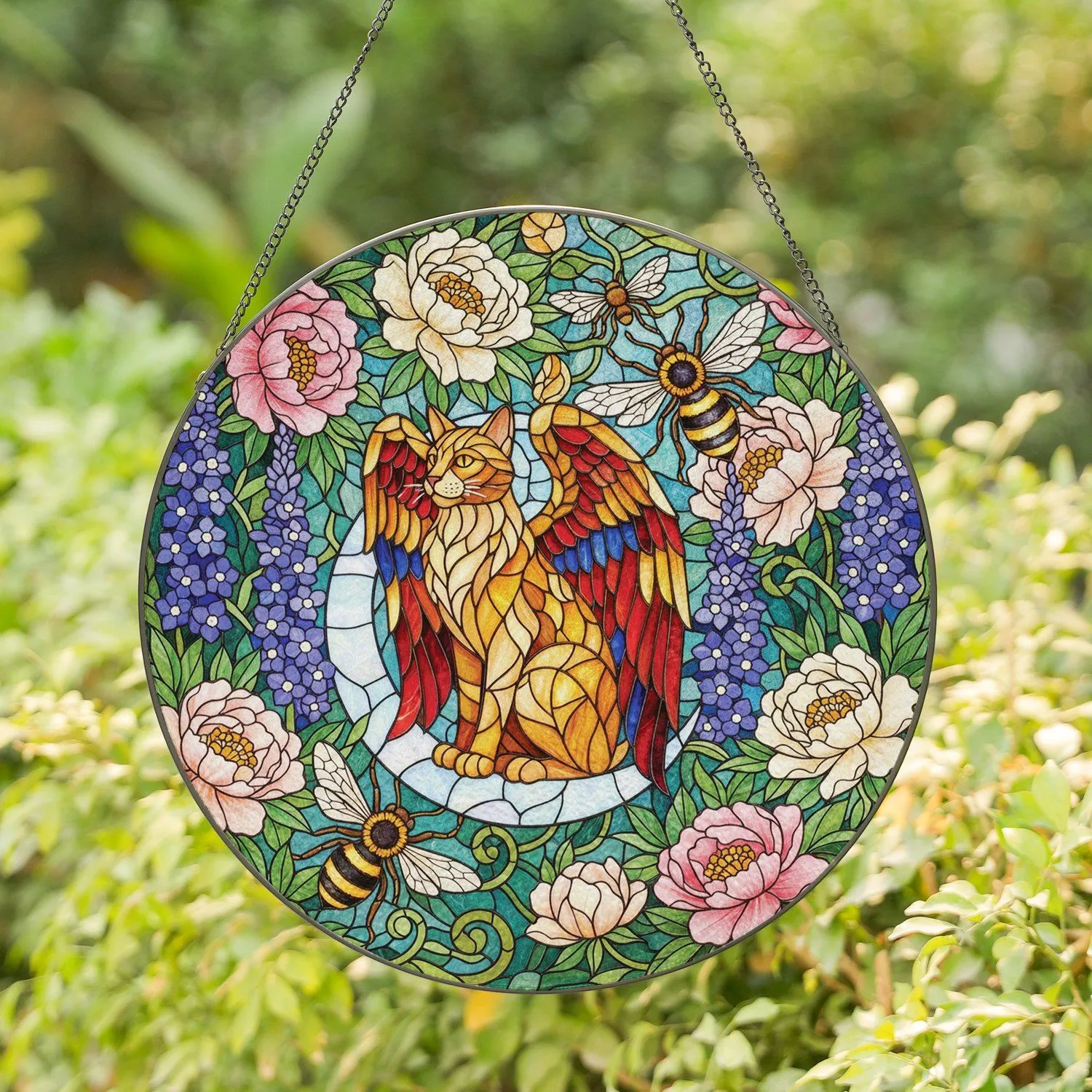 Winged Cat Crescent Moon Honeybees Peonies Delphiniums Garden - Home Decor Gift Cat Lover Stained Glass Suncatcher - 1