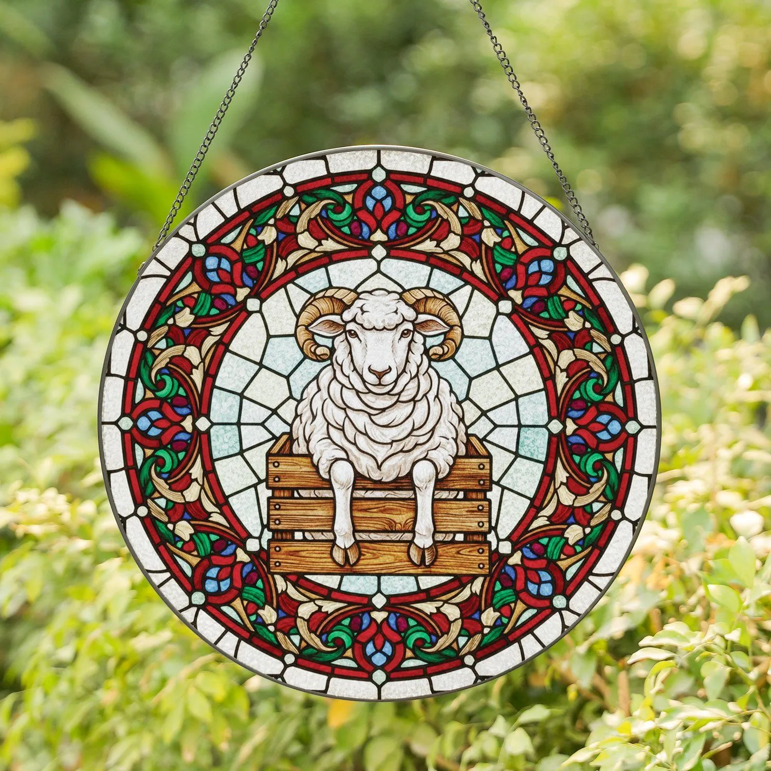 Fluffy White Sheep Wooden Crate Tiffany Floral Border - Home Decor Gift for Sheep Lover Stained Glass Suncatcher - 1