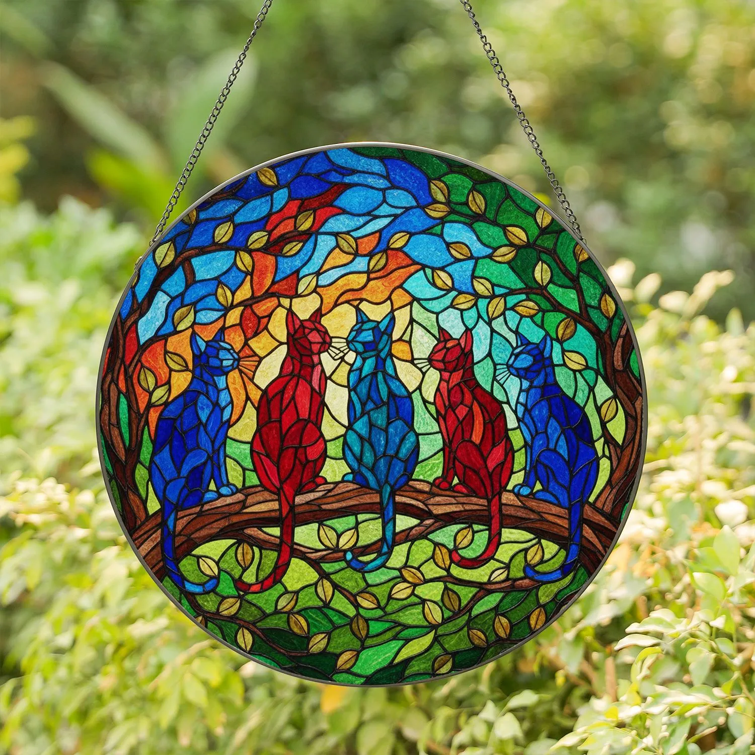 Five Silhouetted Cats Tree Branch Stained Glass - Home Decor Gift for Cat Lover Stained Glass Suncatcher - 1