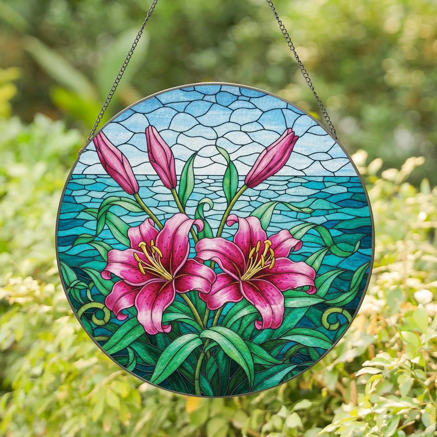 Pink Magenta Lily Flowers Seascape Botanical - Home Decor Gift for Flower Lovers Stained Glass Suncatcher - 1