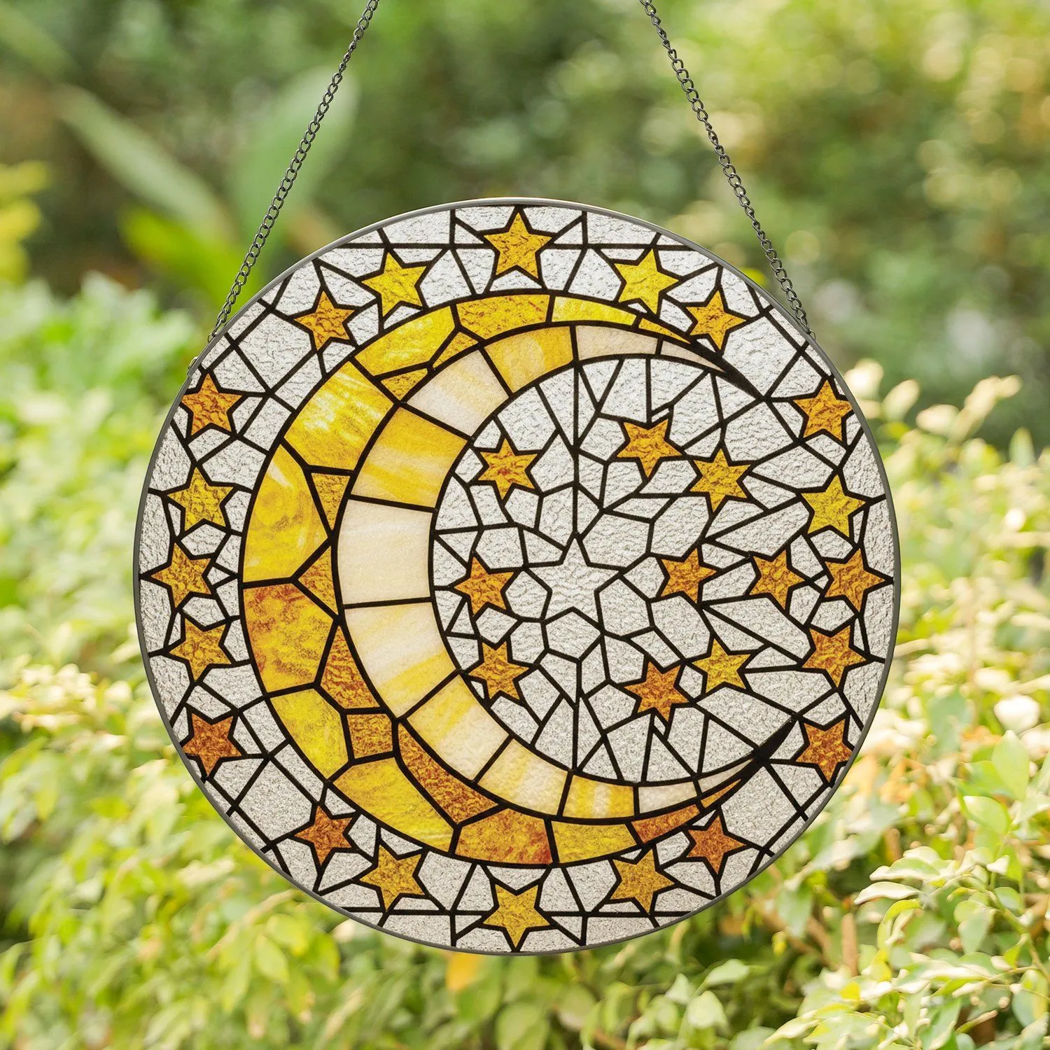 Golden Yellow Amber Tiffany Glass Crescent Moon Stars - Celestial Home Decor Gift Stained Glass Suncatcher - 1