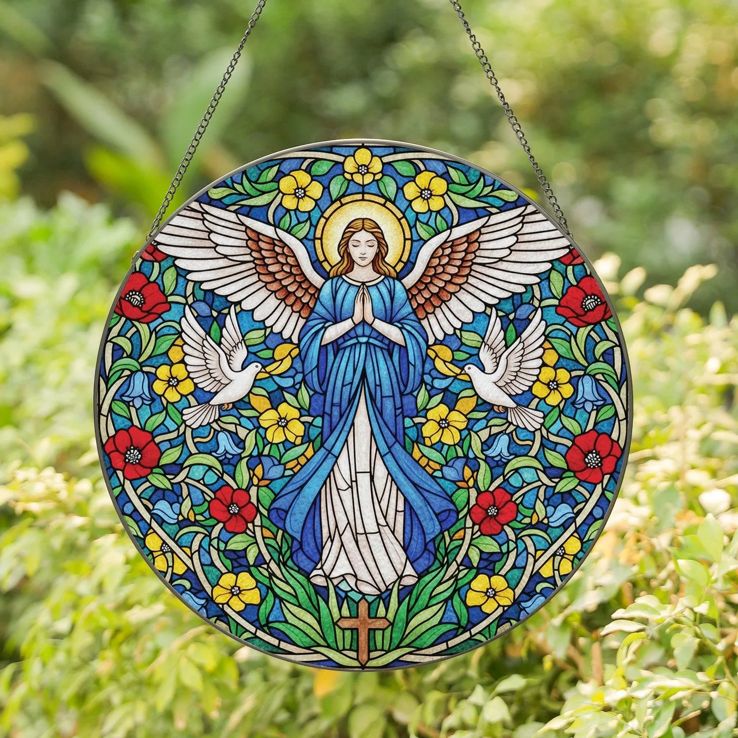 Jewel Tone Stained Glass Praying Angel Wing Doves Cross Floral - Spiritual Home Decor Stained Glass Suncatcher - 1