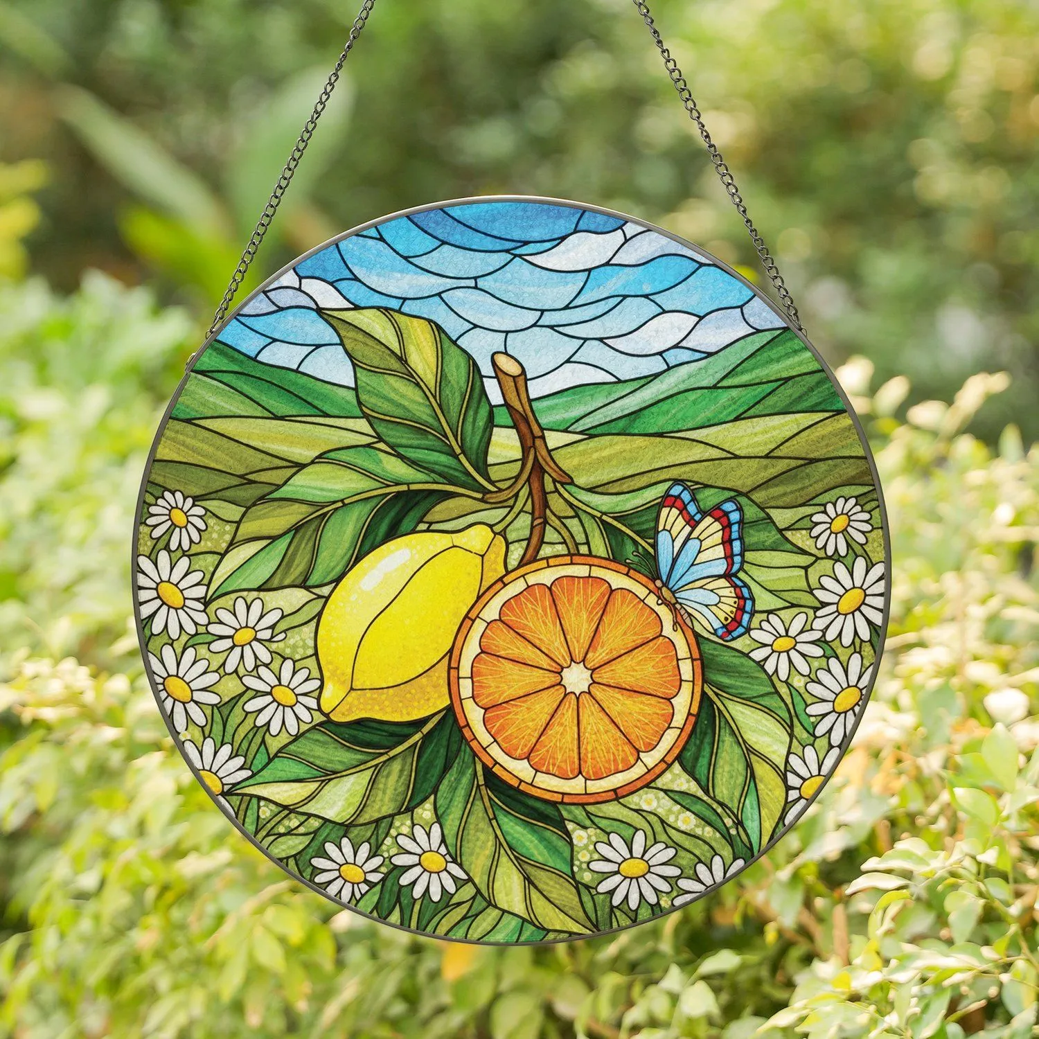 Whole Lemon Orange Slice Butterfly Meadow Rolling Hills - Home Decor Gift Stained Glass Suncatcher - 1