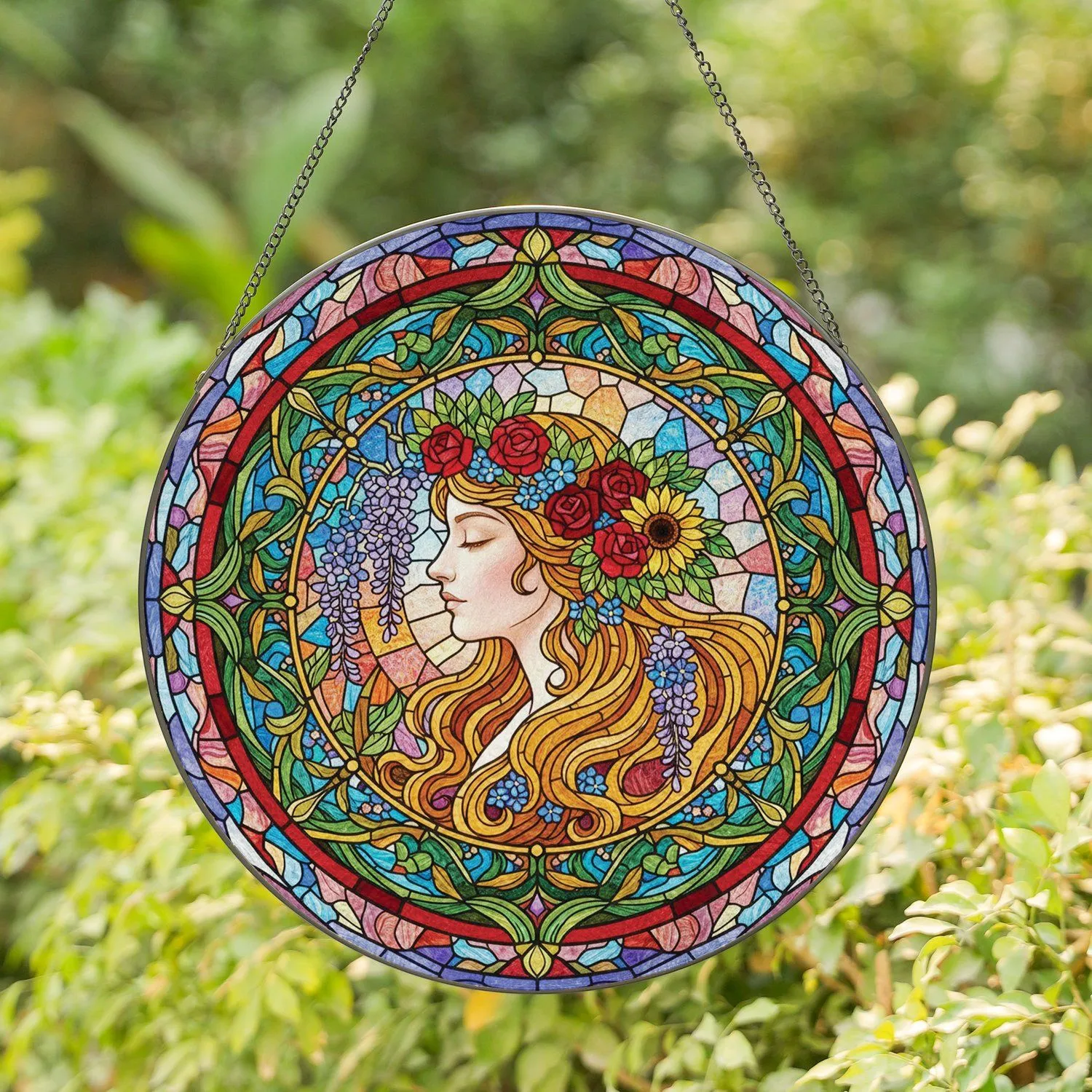 Young Woman Floral Hair Tiffany Glass Ethereal Sky Circular Border - Home Decor Gift Stained Glass Suncatcher - 1