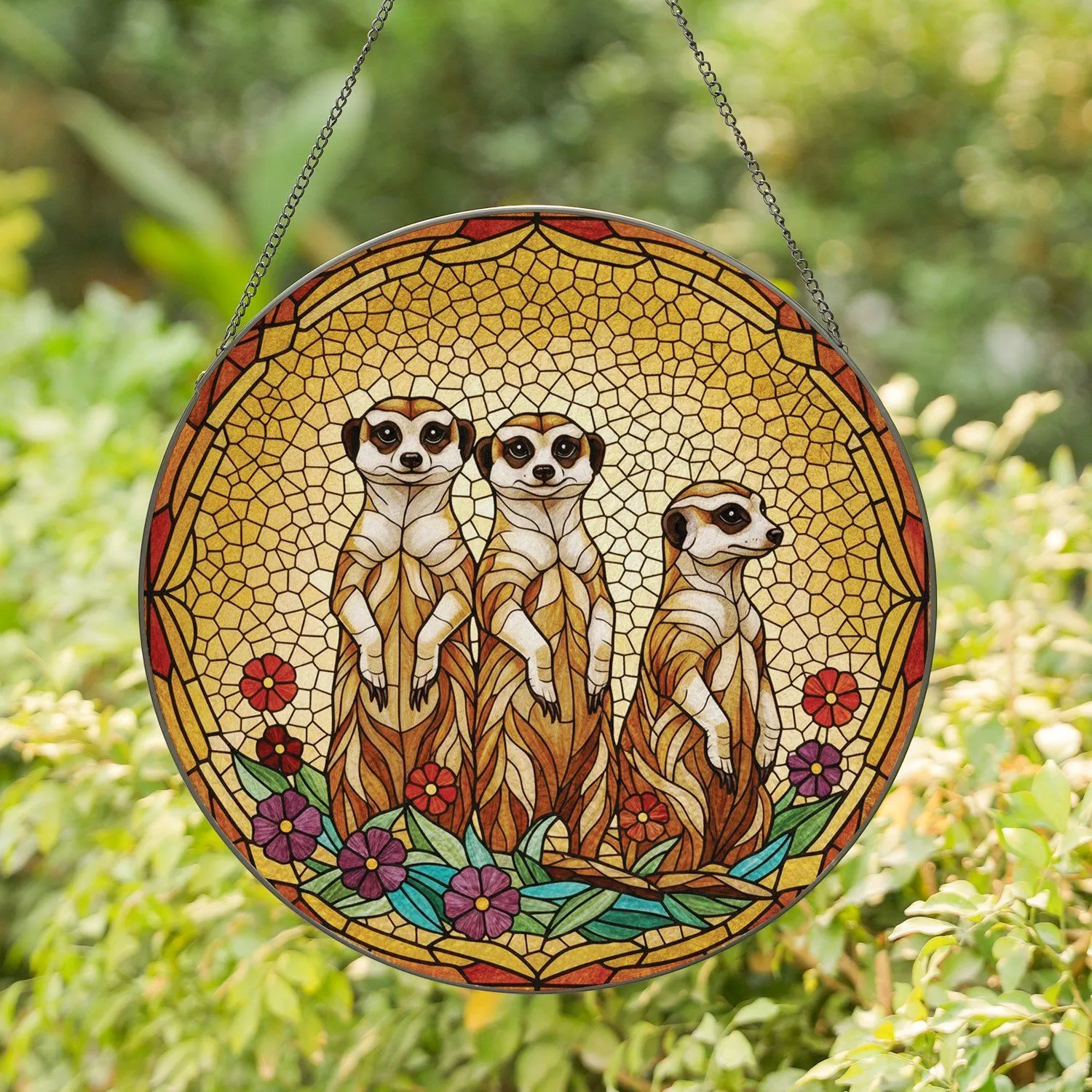Three Meerkats Green Leaves Purple Flowers Intricate Mosaic - Wildlife Home Decor Gift Stained Glass Suncatcher - 1