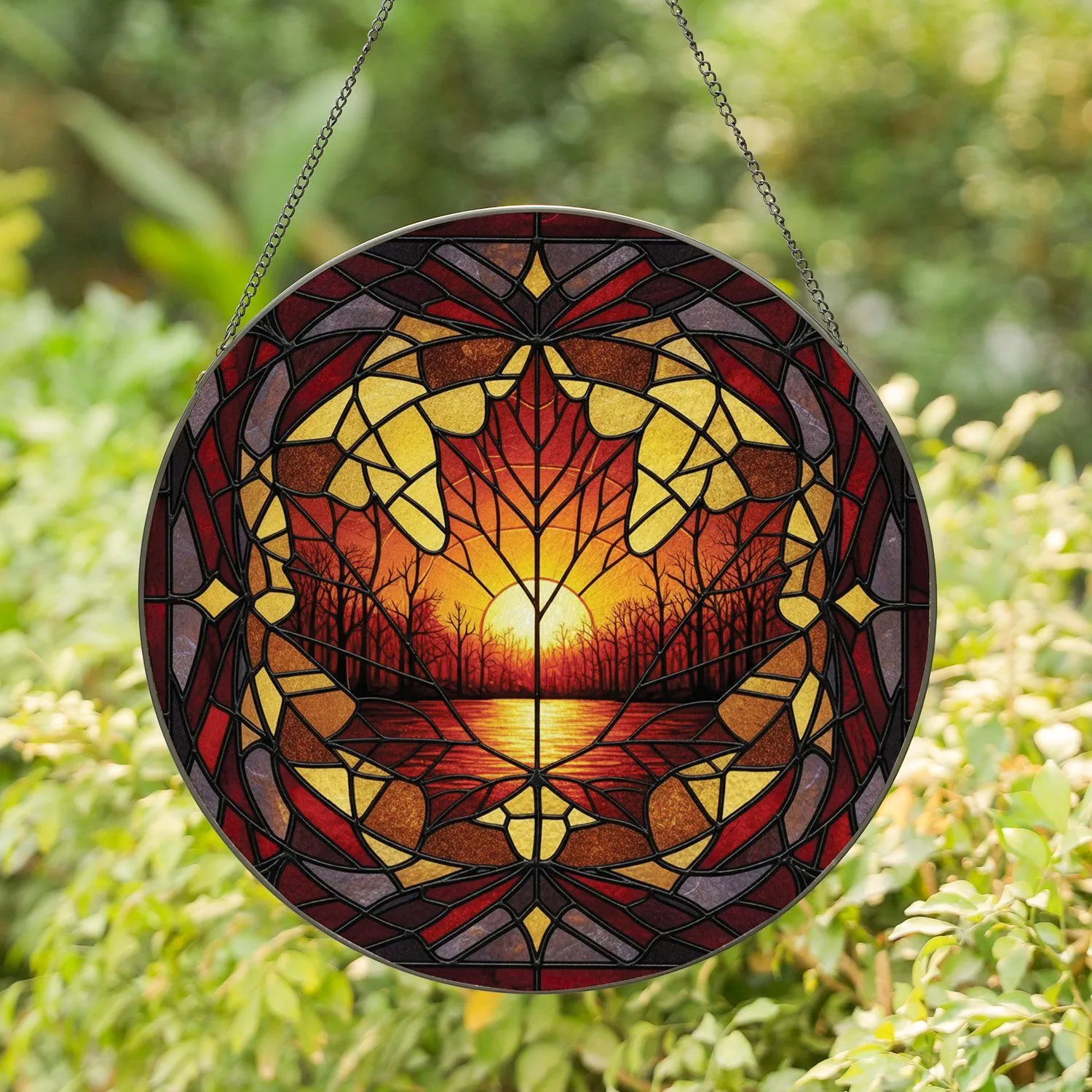 Intricate Maple Leaf Autumn Sunset Forest Reflective Water Mosaic Home Decor Gift Stained Glass Suncatcher - 1