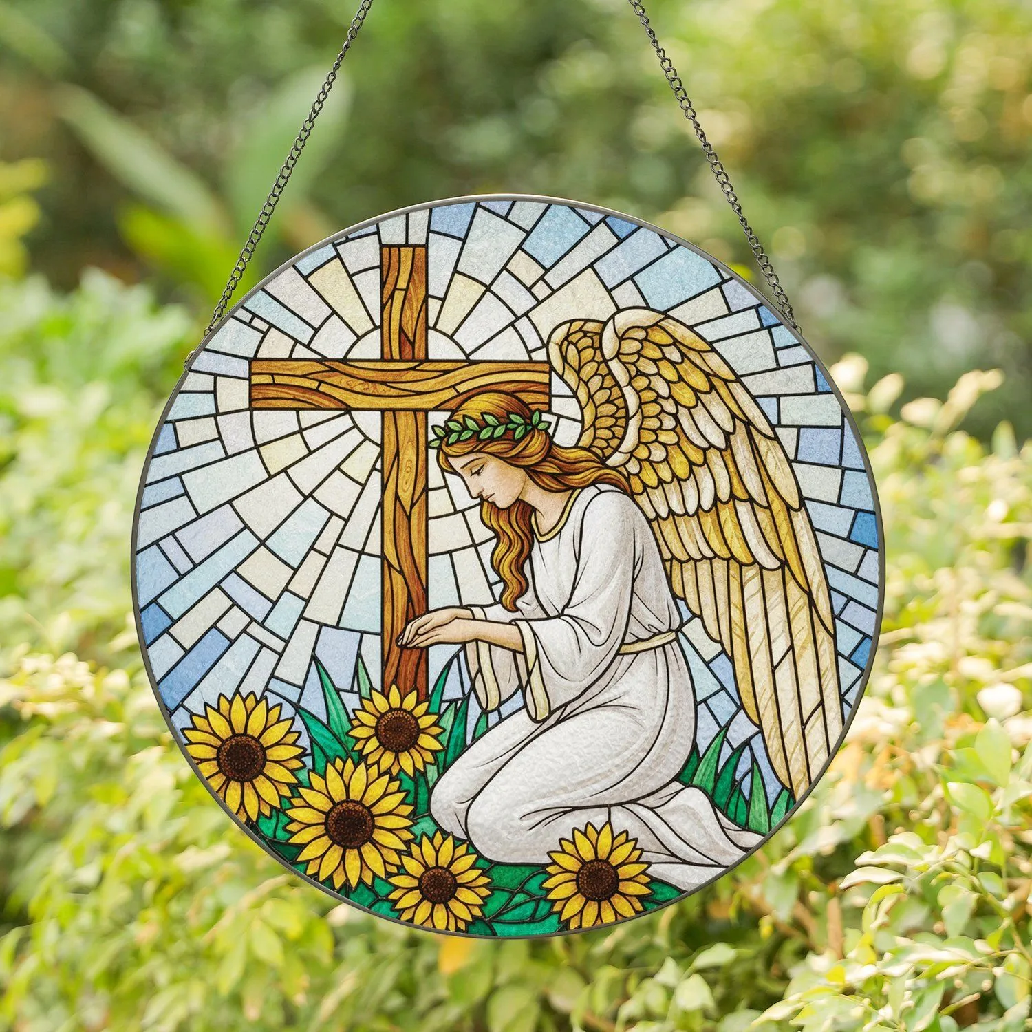 Stained Glass Kneeling Angel Sunflower Wooden Cross - Spiritual Faith Home Decor Gift Stained Glass Suncatcher - 1