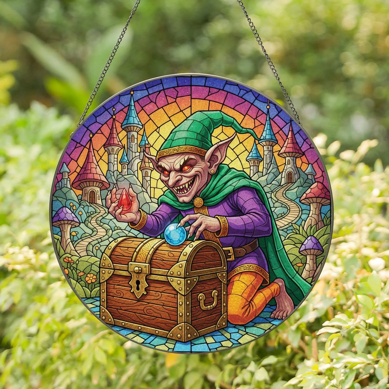 Mischievous Grinning Goblin Gremlin Creature Treasure Chest Fantasy Landscape Home Decor Gift Stained Glass Suncatcher - 1
