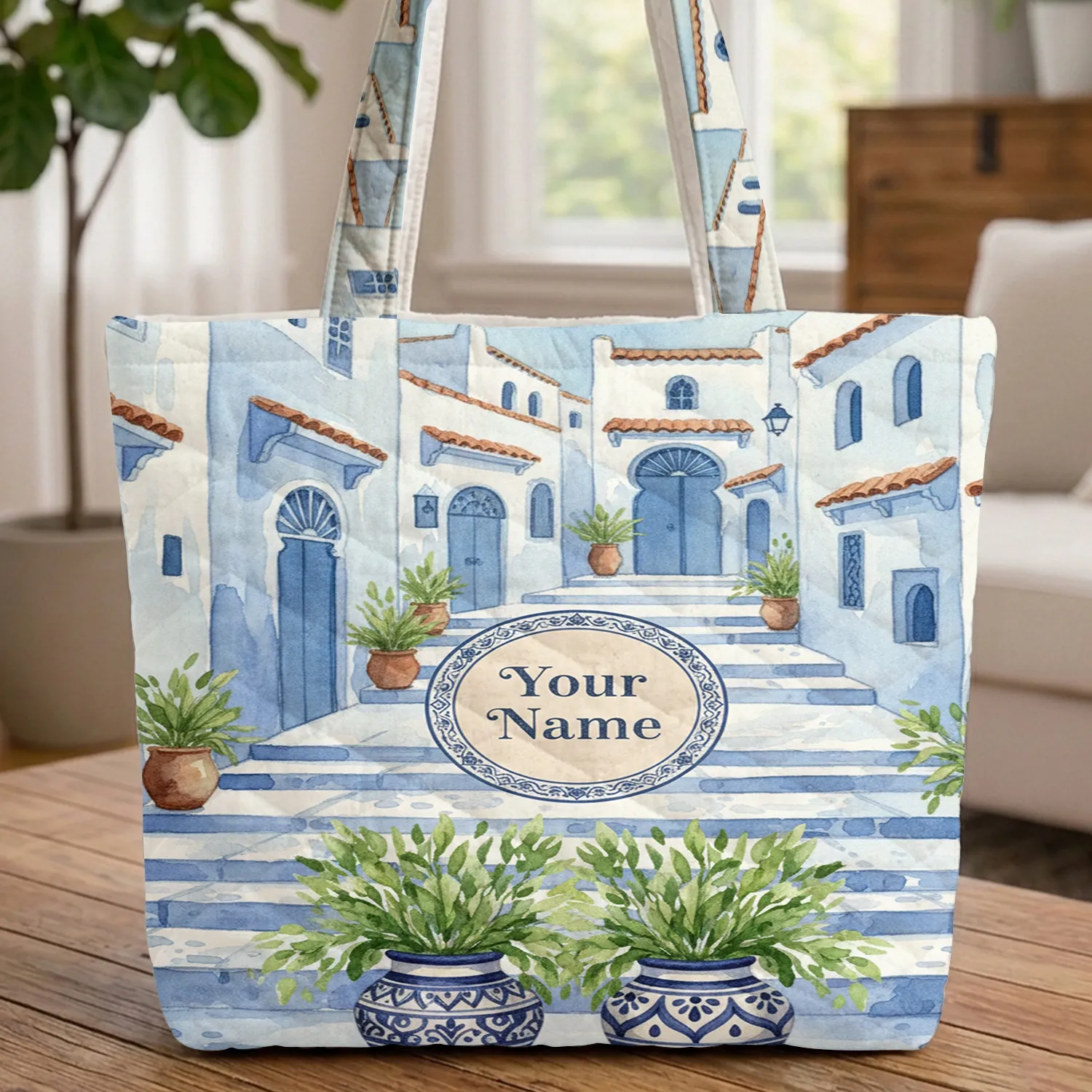 Moroccan Street Scene Ceramic Pots Tile Border - Everyday Carry Gift Quilted Tote Bag - 1