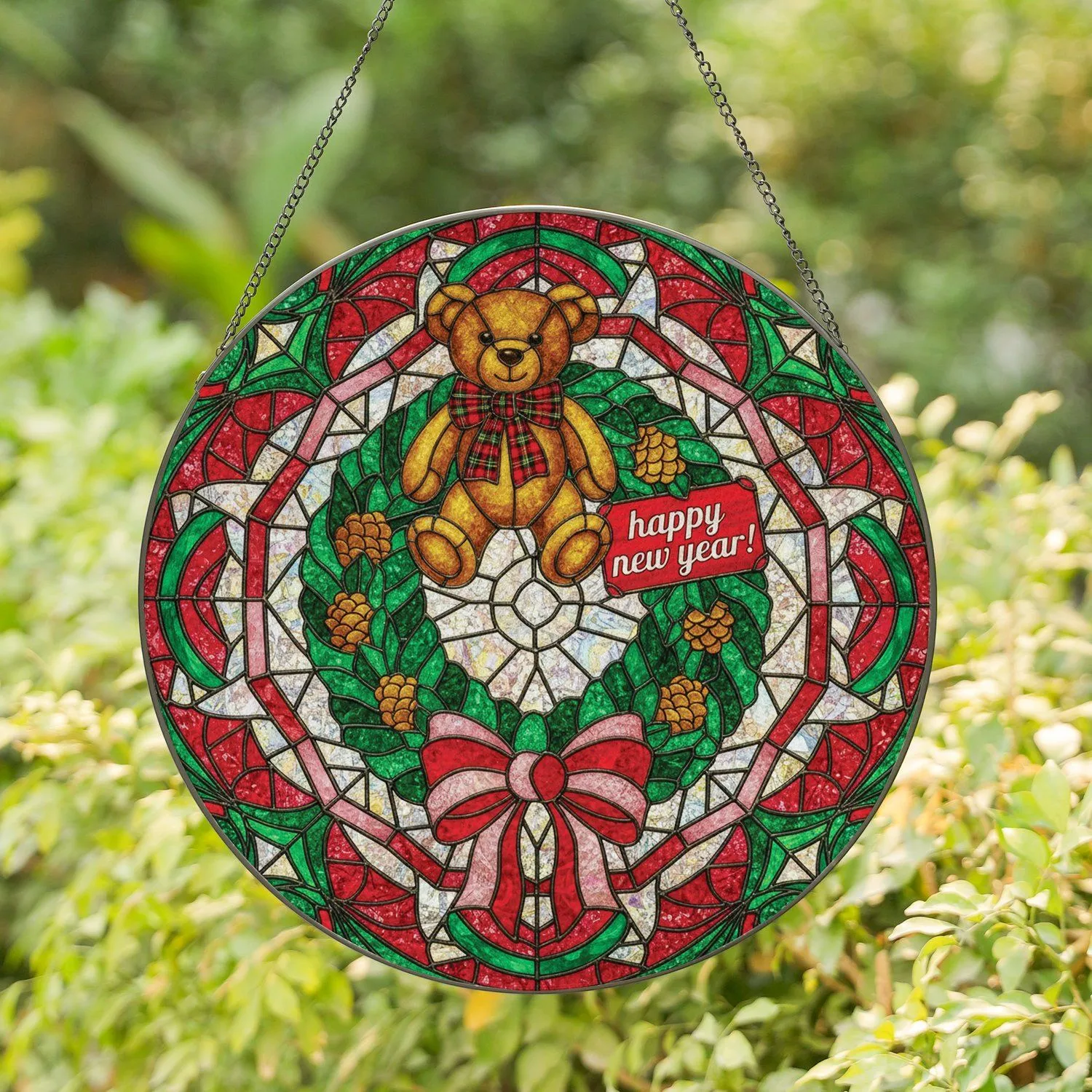 Happy New Year Teddy Bear Holiday Wreath - New Year Celebration Home Decor Stained Glass Suncatcher - 1