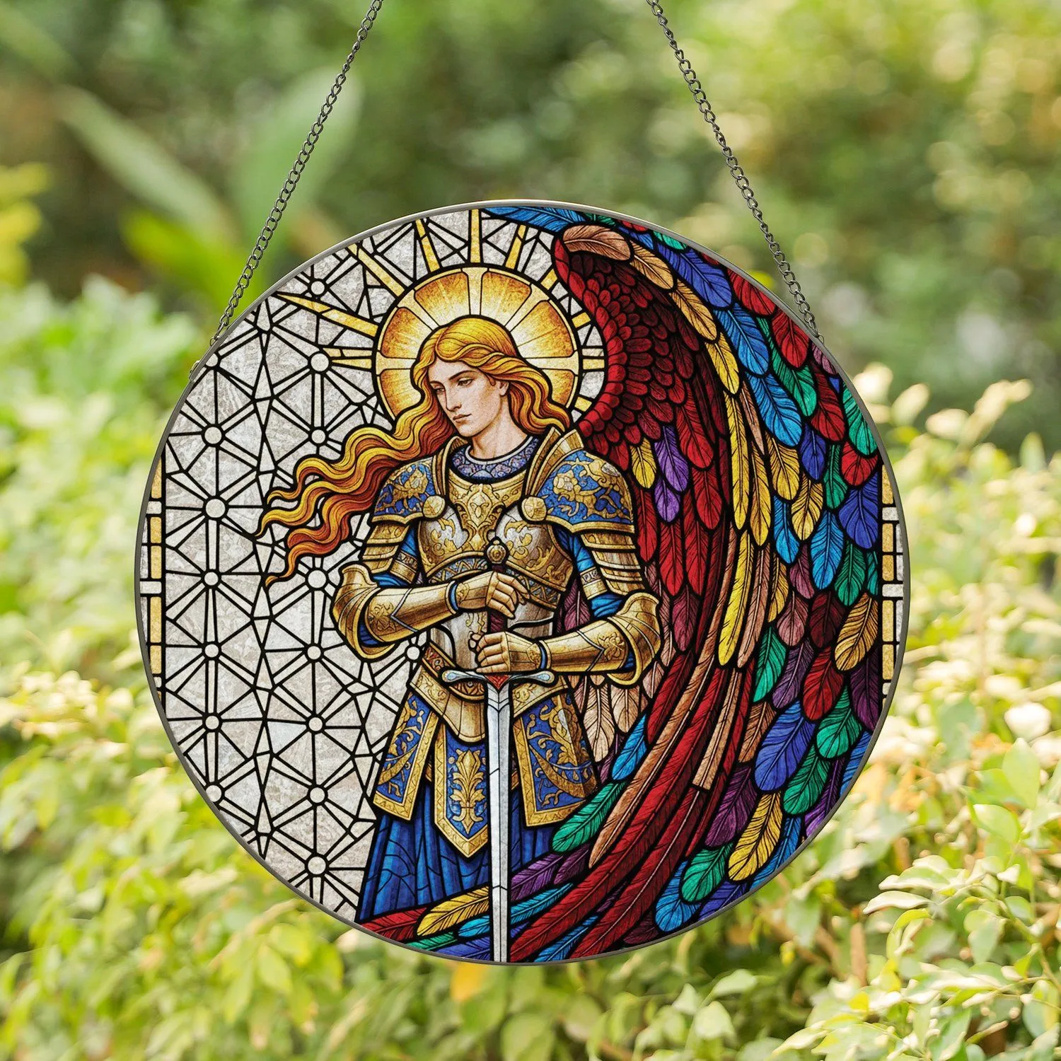 Archangel Golden Armor Silver Sword Sunburst Multicolored Wing Tiffany Glass - Art Lover Gift Stained Glass Suncatcher - 1