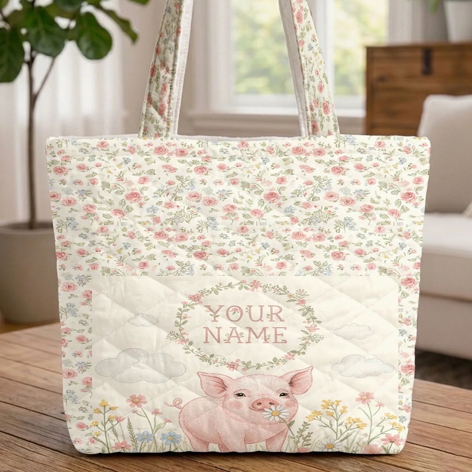 Piglet Daisy Wildflower Small Vintage Floral Everyday Carry Gift Quilted Tote Bag - 1