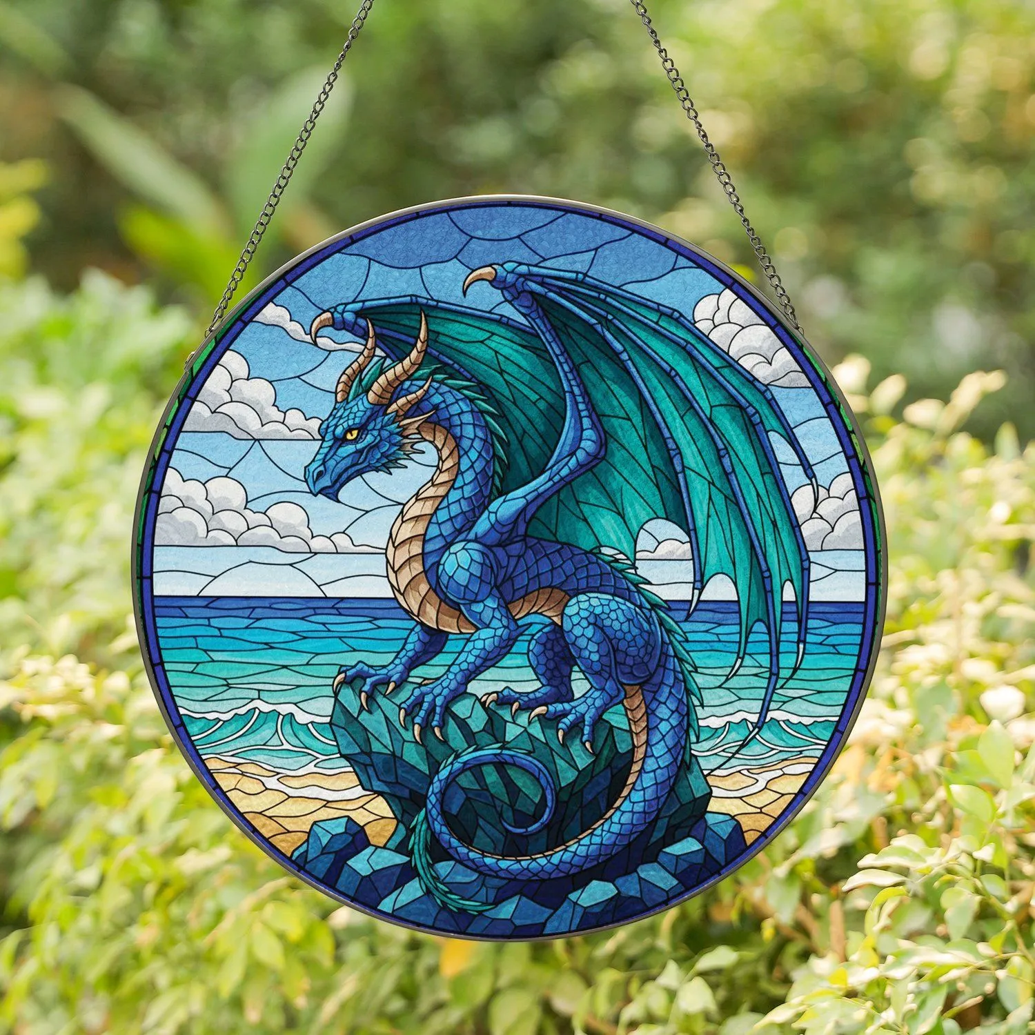 Majestic Blue Dragon Tropical Ocean Scene - Home Decor Gift for Dragon Lover Stained Glass Suncatcher - 1
