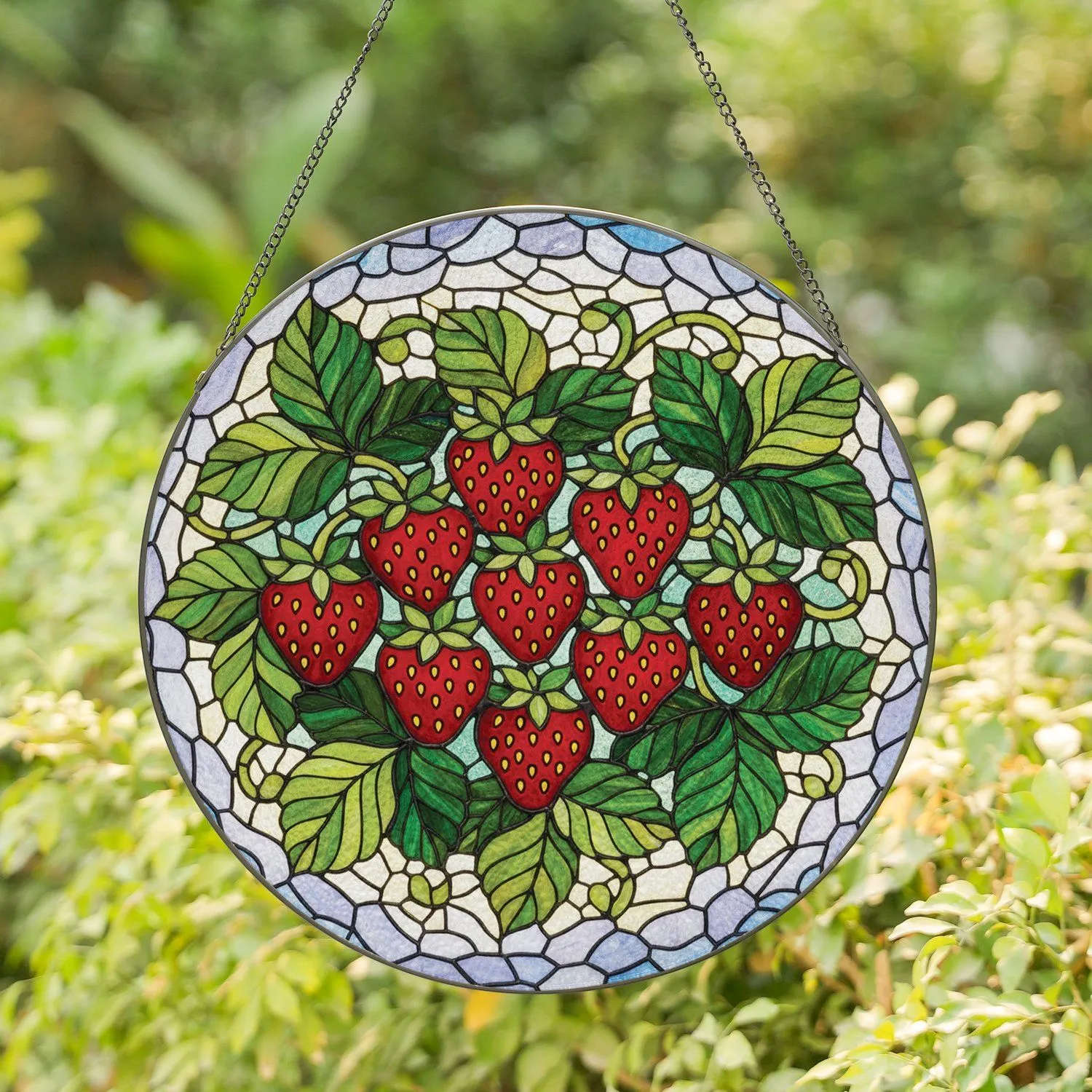 Red Ripe Strawberries Yellow Seeds Green Calyxes Leaves Window Decor Gift for Fruit Lover Stained Glass Suncatcher - 1