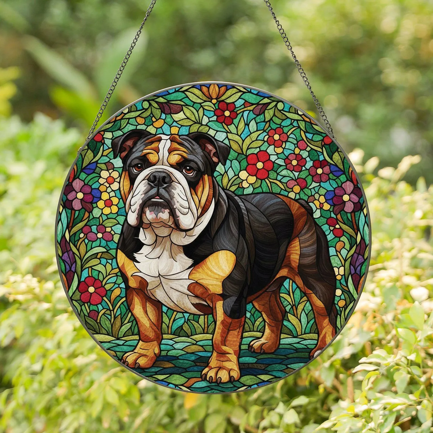 English Bulldog Garden Foliage - Home Decor Gift for Dog Lover Stained Glass Suncatcher - 1
