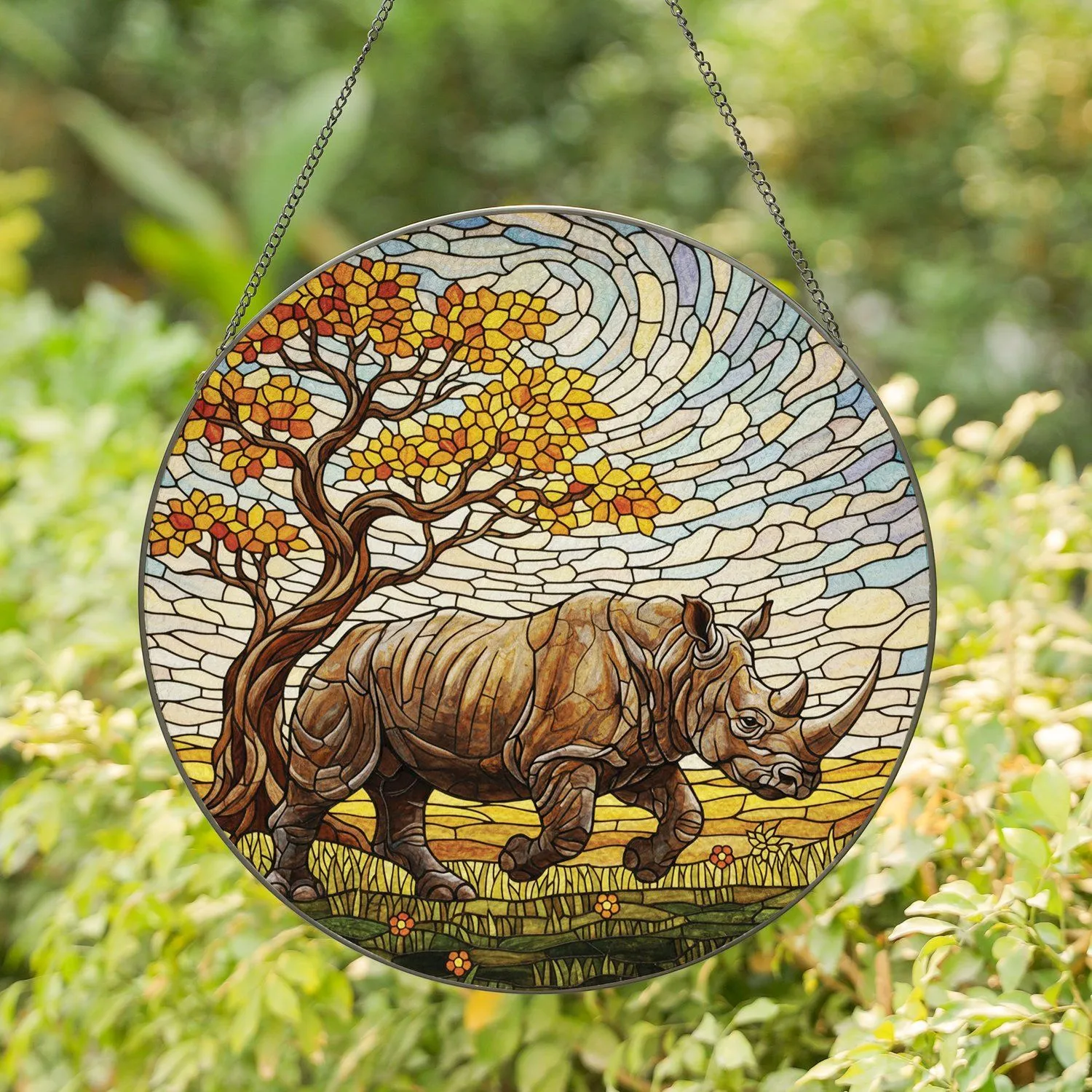 Rhinoceros Savanna Tree Orange Blossoms - Wildlife Lover Home Decor Gift Stained Glass Suncatcher - 1