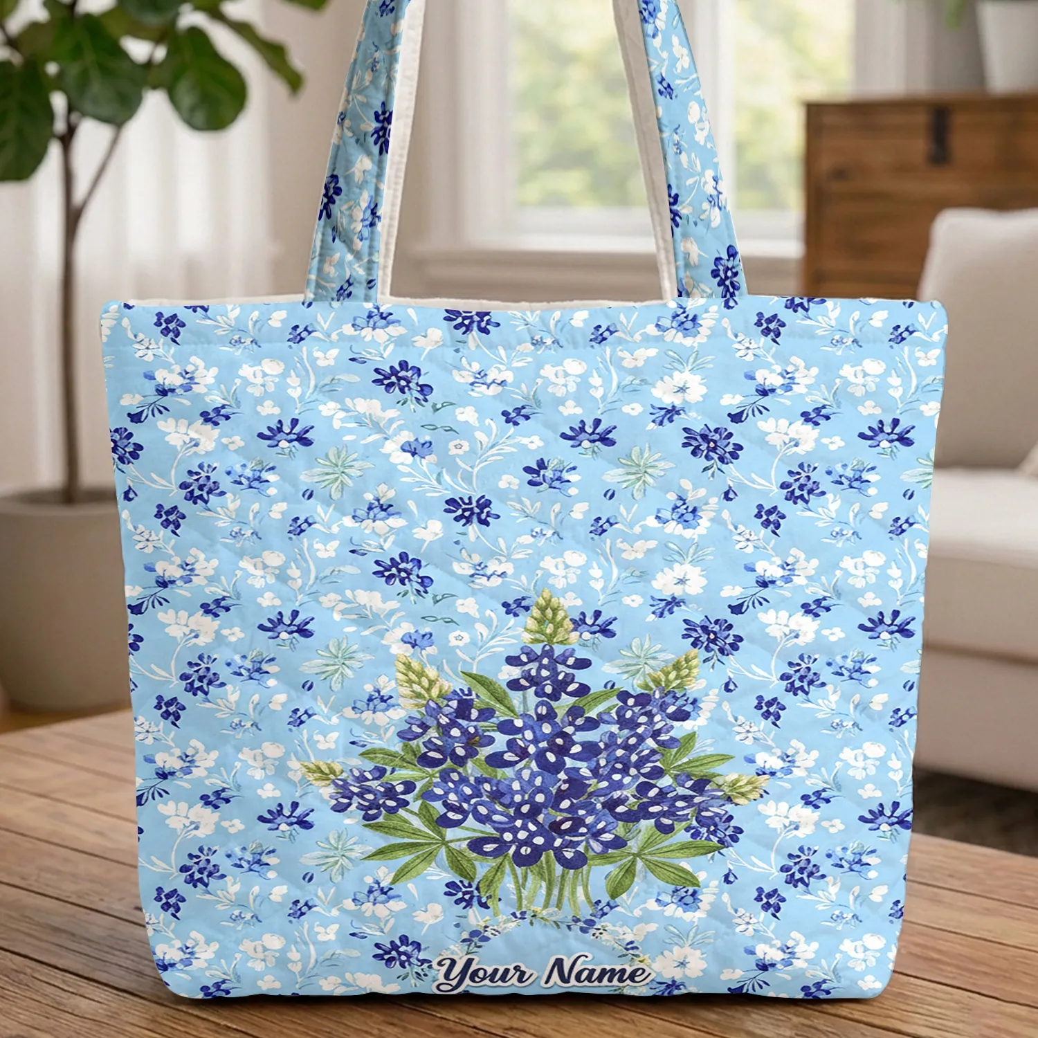 Ornate Bluebonnet Bloom Floral Wreath Name Text - Everyday Carry Gift Quilted Tote Bag - 1