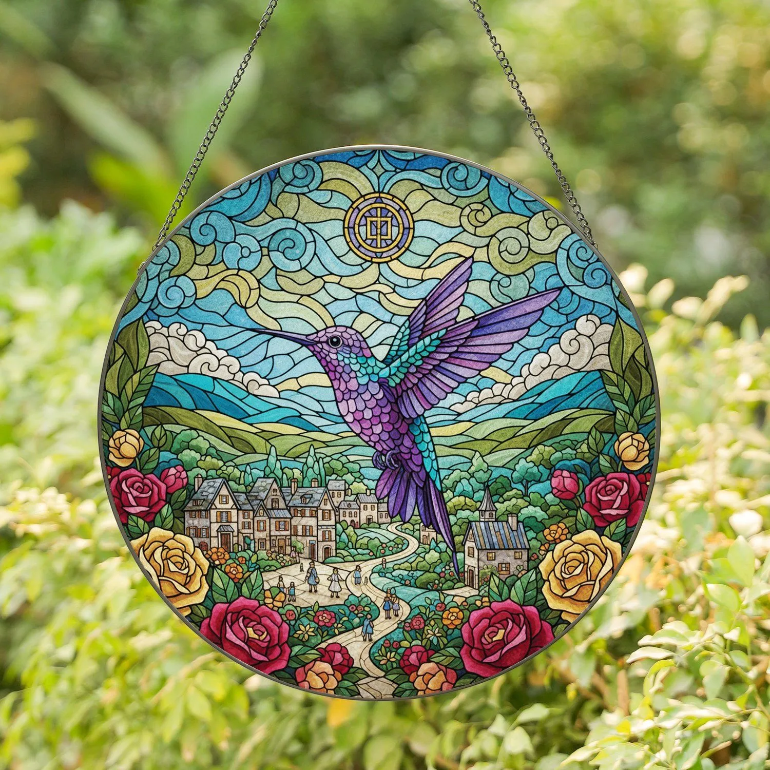 Purple Teal Hummingbird Village Scene Blooming Roses - Home Decor Gift for Wildlife Lover Stained Glass Suncatcher - 1