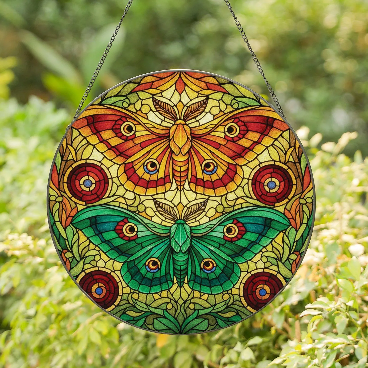 Orange Green Moths Eye-Spot Patterns Foliage - Wildlife Lover Home Decor Gift Stained Glass Suncatcher - 1