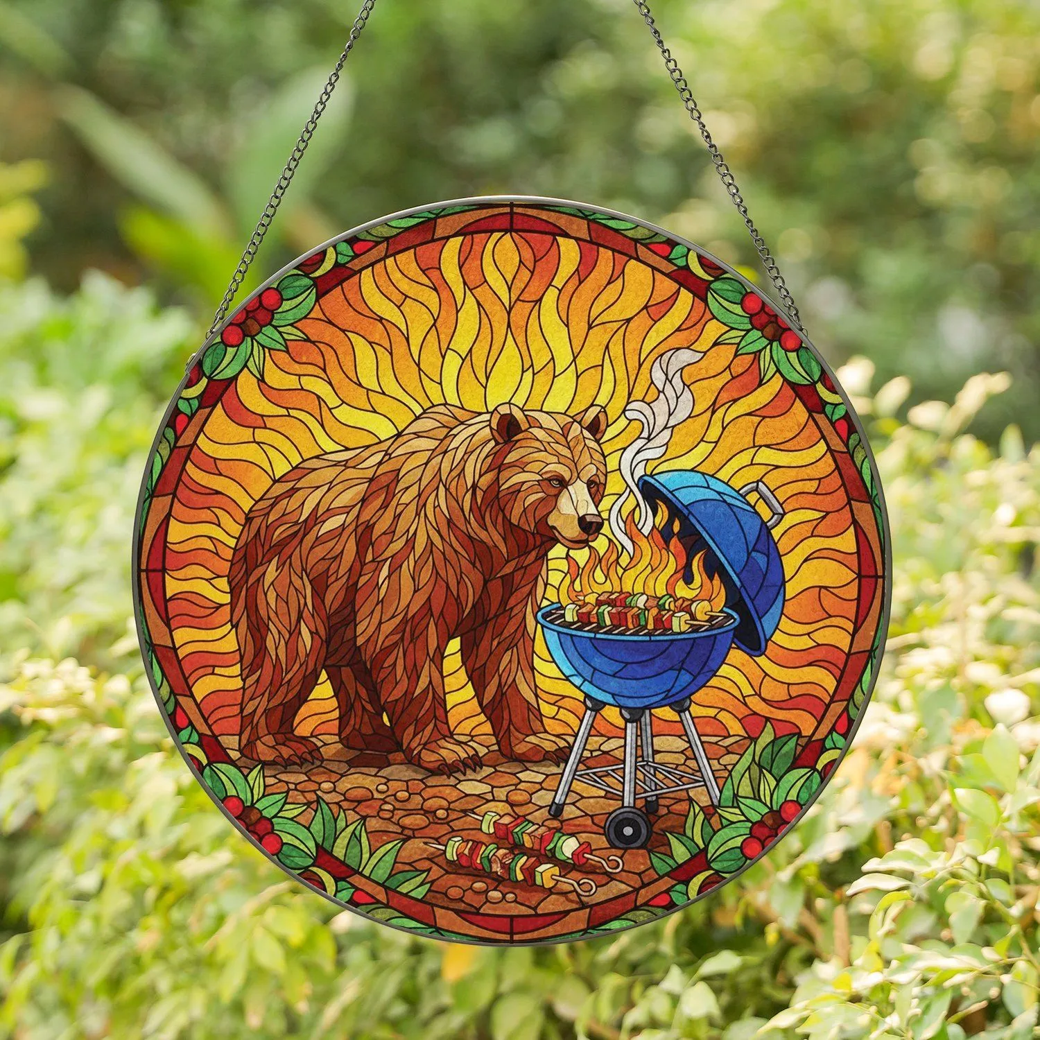 Brown Bear Cooking Skewers Floral Border - Outdoor Grill Master Decor Gift Stained Glass Suncatcher - 1