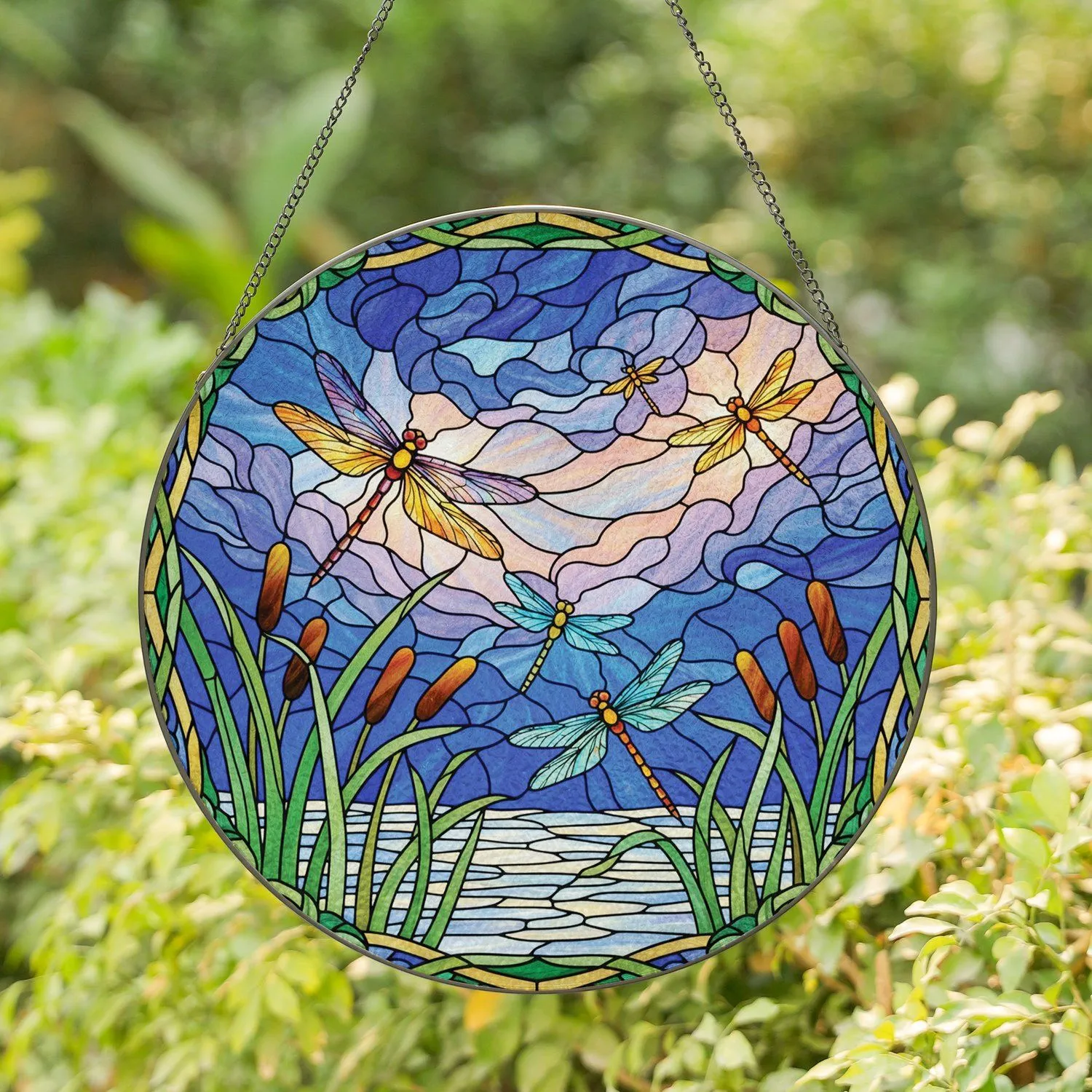 Vibrant Dragonflies Cattails Reeds Swirling Sky Leaf Frame Home Decor Gift Stained Glass Suncatcher - 1