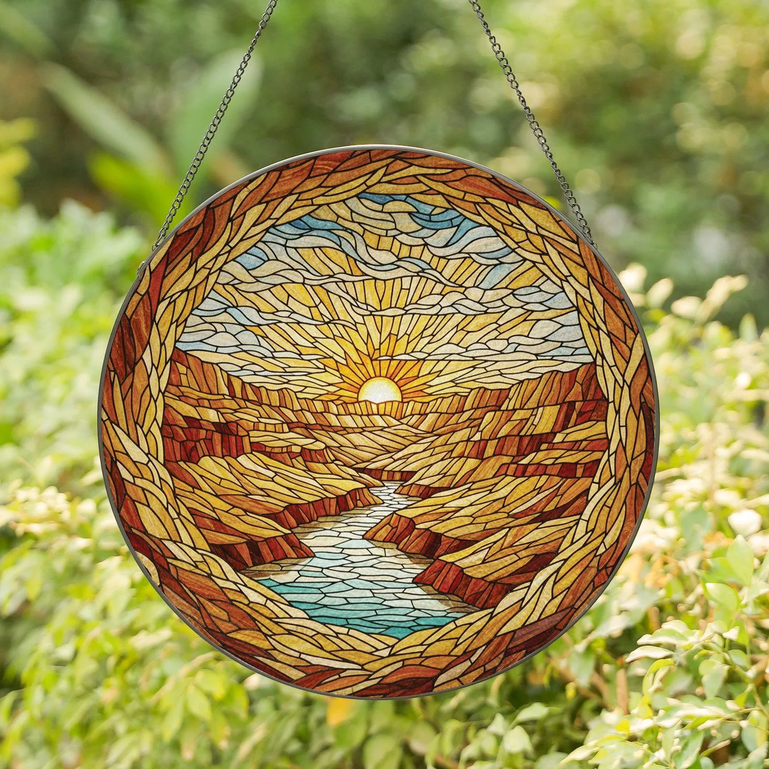 Layered Canyon Landscape River Sunrise Stained Glass - Home Decor Gift Stained Glass Suncatcher - 1