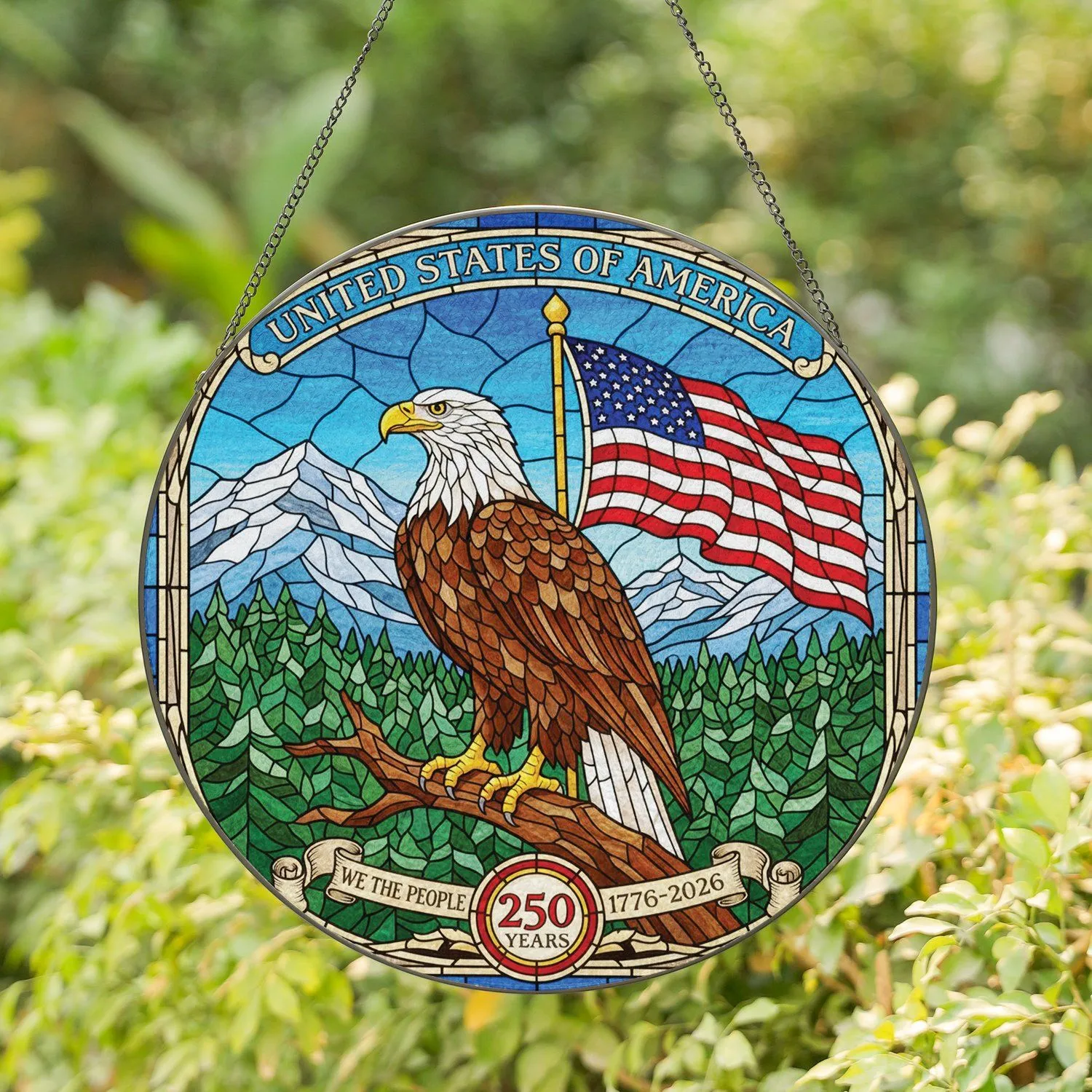 Bald Eagle American Flag United States 250th Anniversary Independence Day Gift for Veterans Stained Glass Suncatcher - 1