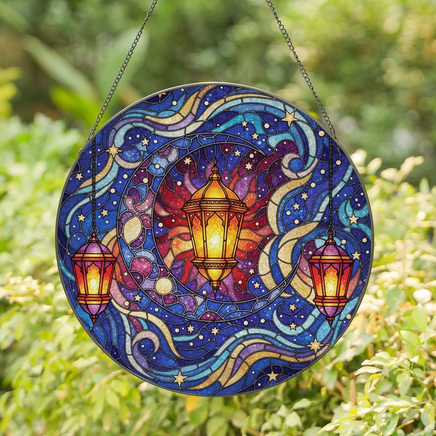 Ornate Crescent Moon Lanterns Stars Stained Glass Window Decor Gift Stained Glass Suncatcher - 1
