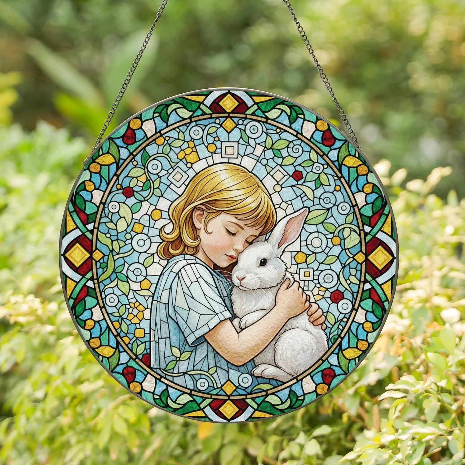 Young Blonde Child Hugging Fluffy Rabbit Mosaic Tiffany Glass - Nursery Decor Gift Stained Glass Suncatcher - 1