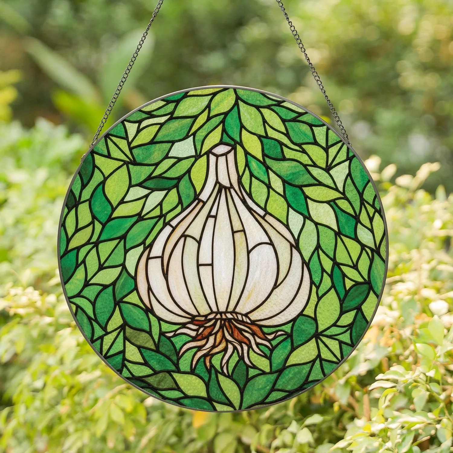 Garlic Bulb Root System Overlapping Green Leaves Organic Shapes - Home Decor Gift Stained Glass Suncatcher - 1