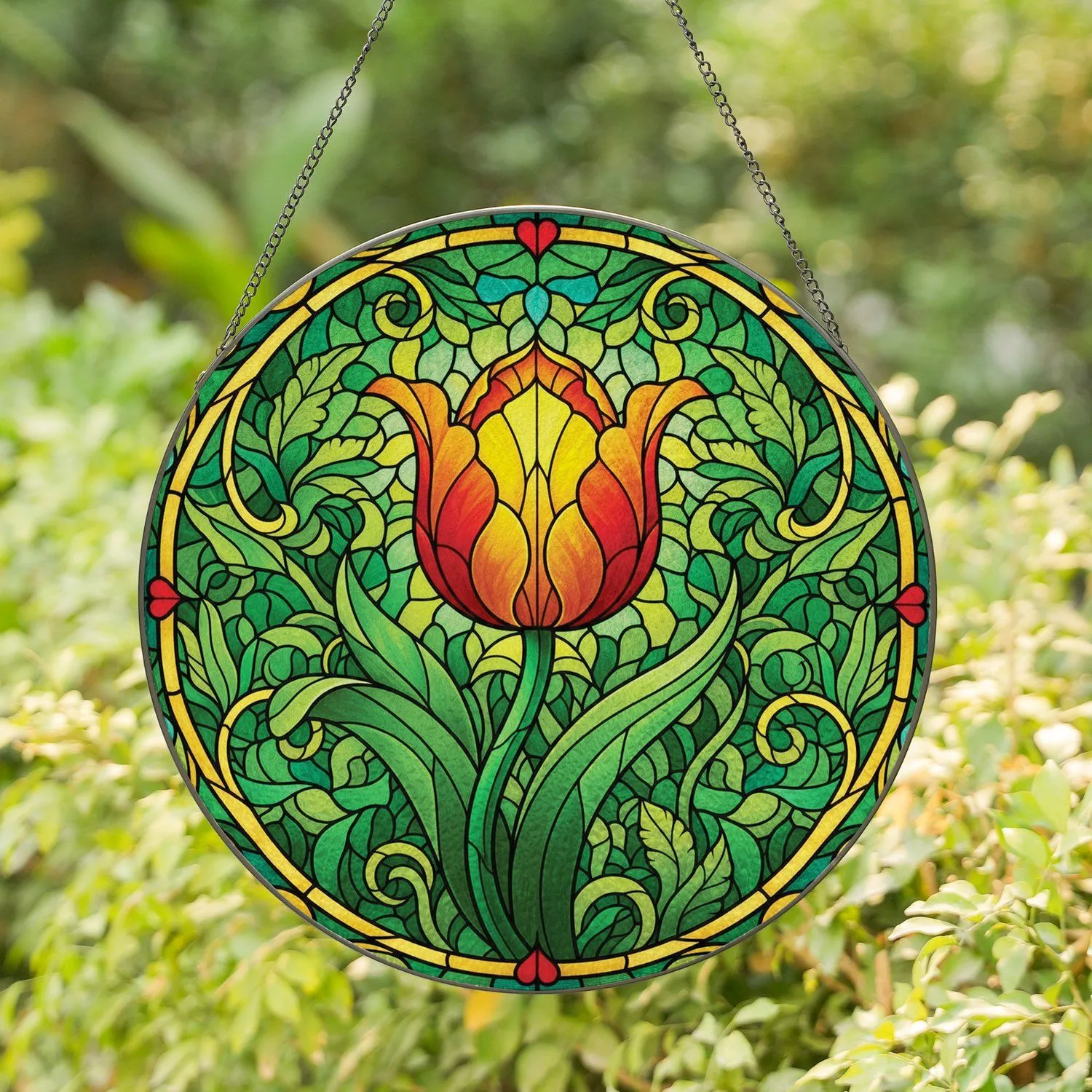 Blossoming Tulip Stained Glass Mosaic Heart Vine Foliage - Home Decor Gift Stained Glass Suncatcher - 1