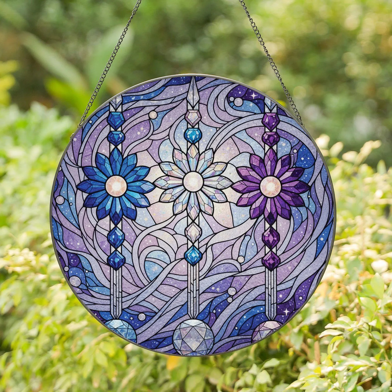 Jewel Tone Crystal Blossoms Columns Stained Glass Mosaic - Home Decor Gift Stained Glass Suncatcher - 1