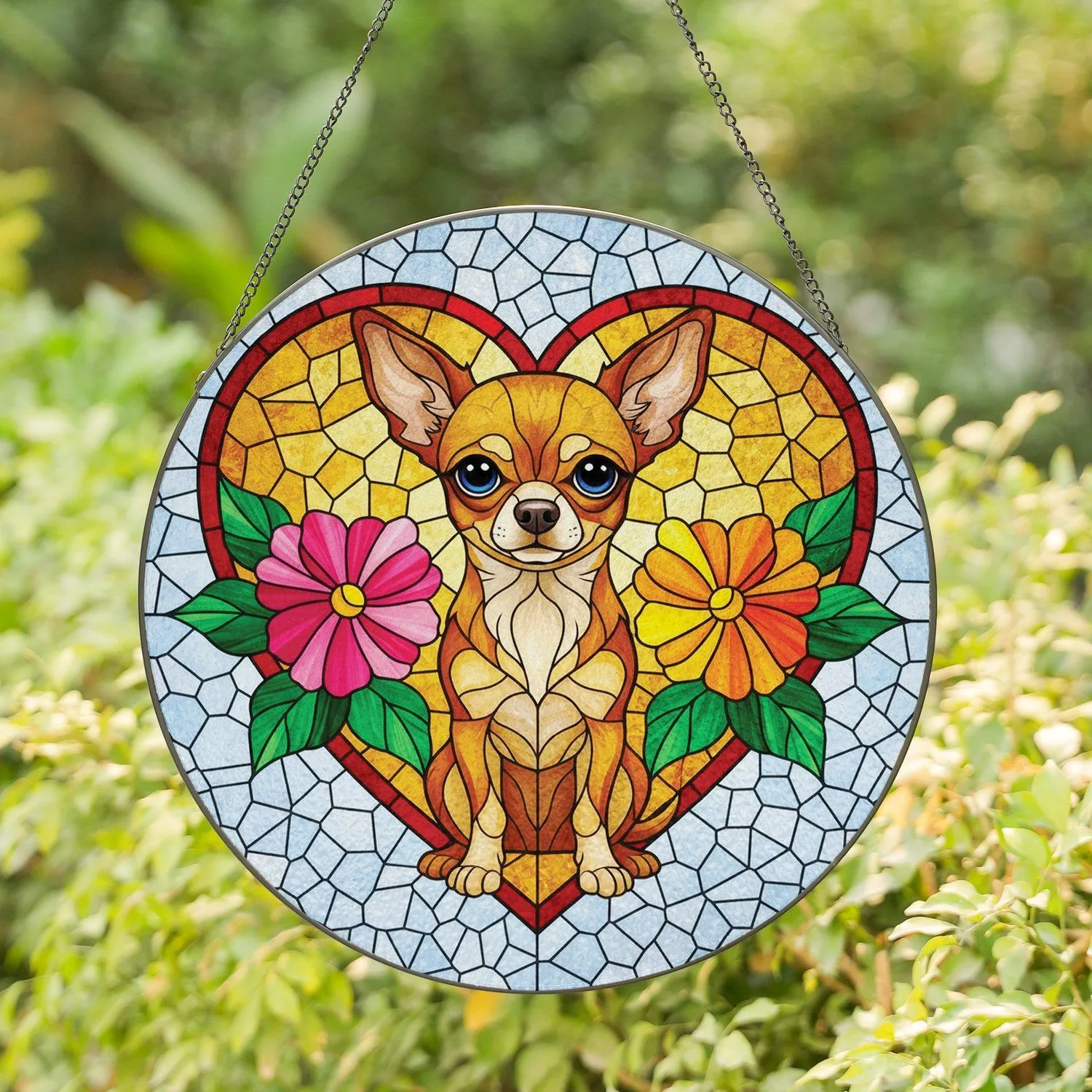 Chihuahua Dog Heart Frame Shattered Glass Flowers - Dog Lover Home Decor Gift Stained Glass Suncatcher - 1