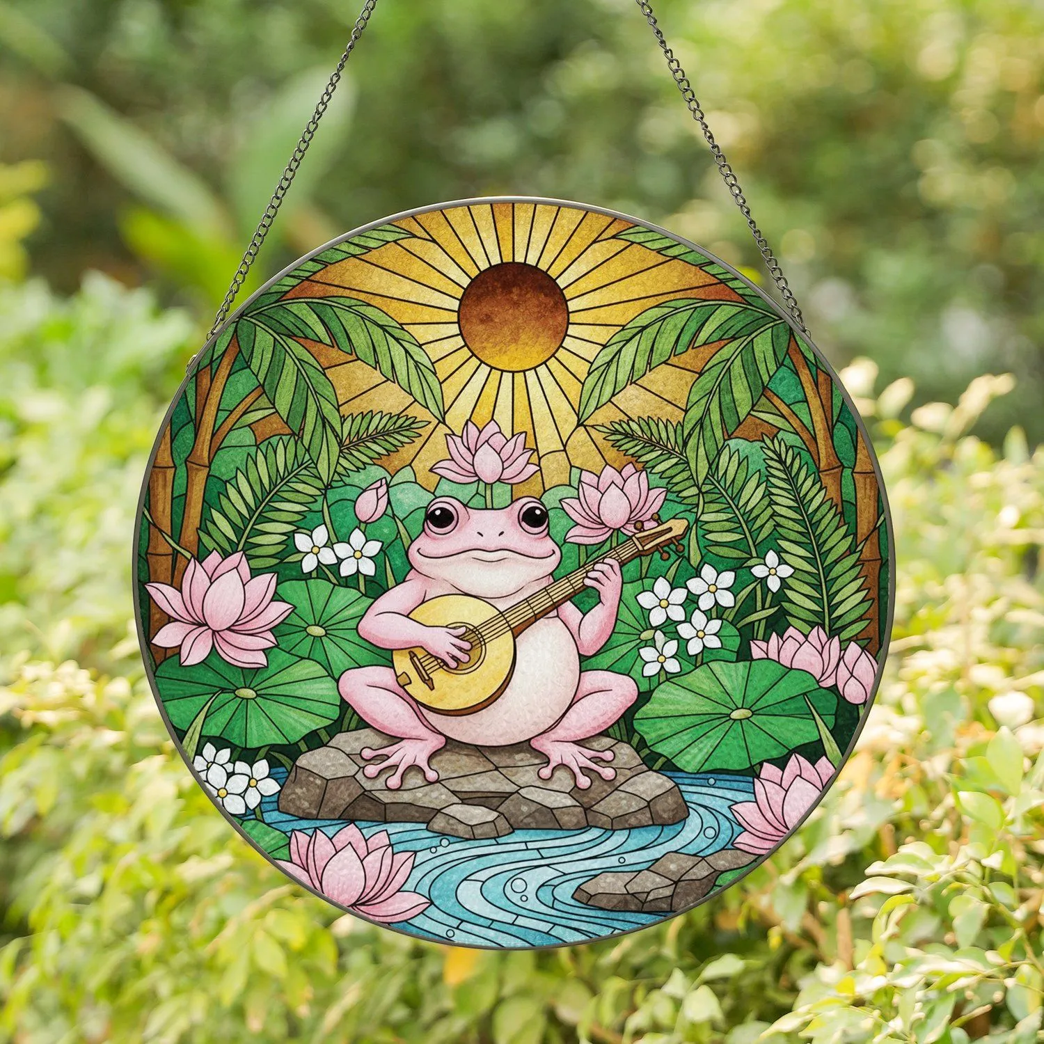 Pink Frog Lotus Tropical Sunburst - Home Decor Gift for Frog Lover Stained Glass Suncatcher - 1