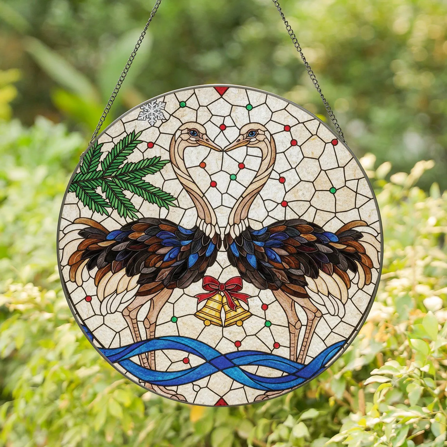 Ostriches Heart Golden Bells Snowflakes - Christmas Home Decor Gift Stained Glass Suncatcher - 1
