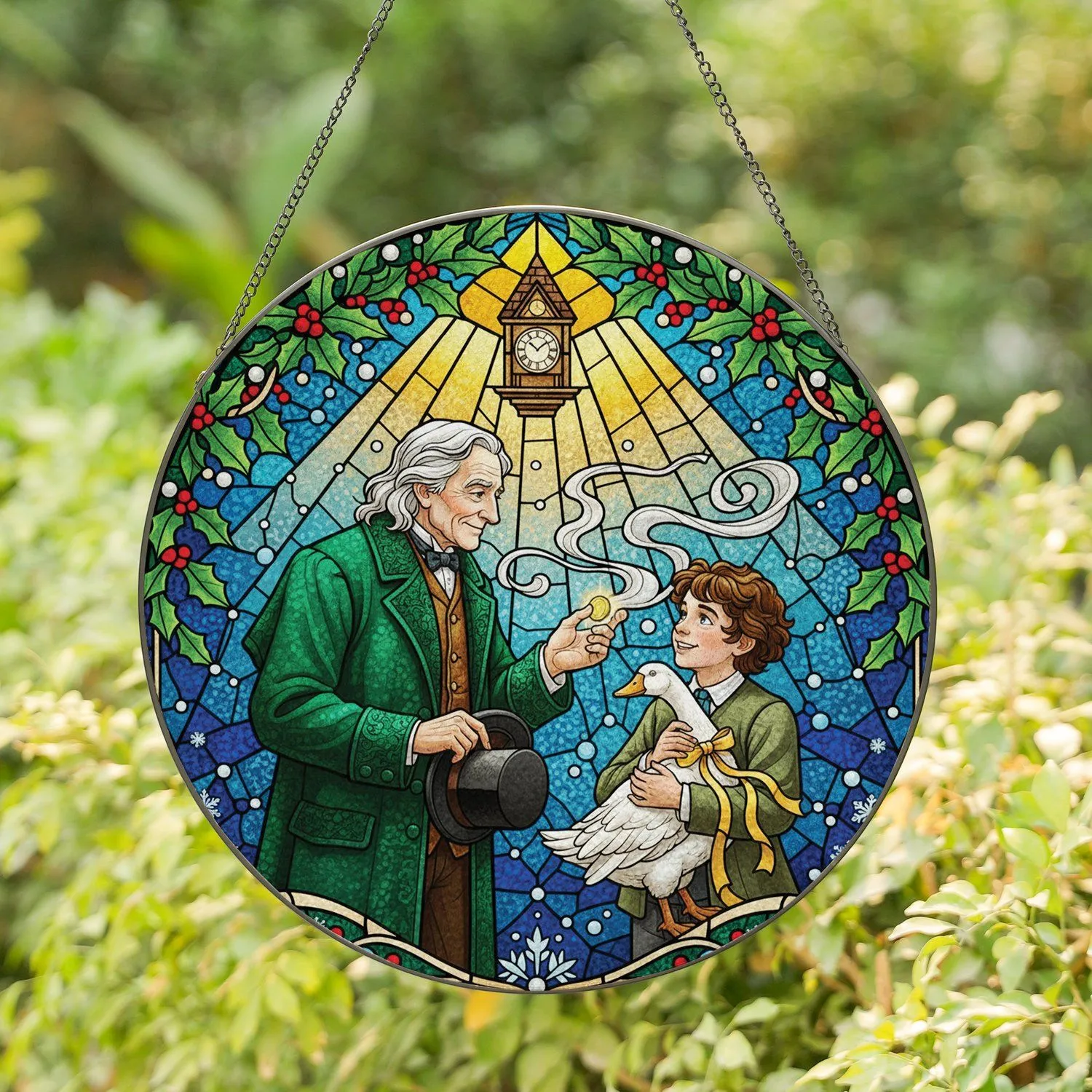 Elderly Man Boy Goose Coin Exchange Holly Snowflakes - Christmas Holiday Decor Gift Stained Glass Suncatcher - 1