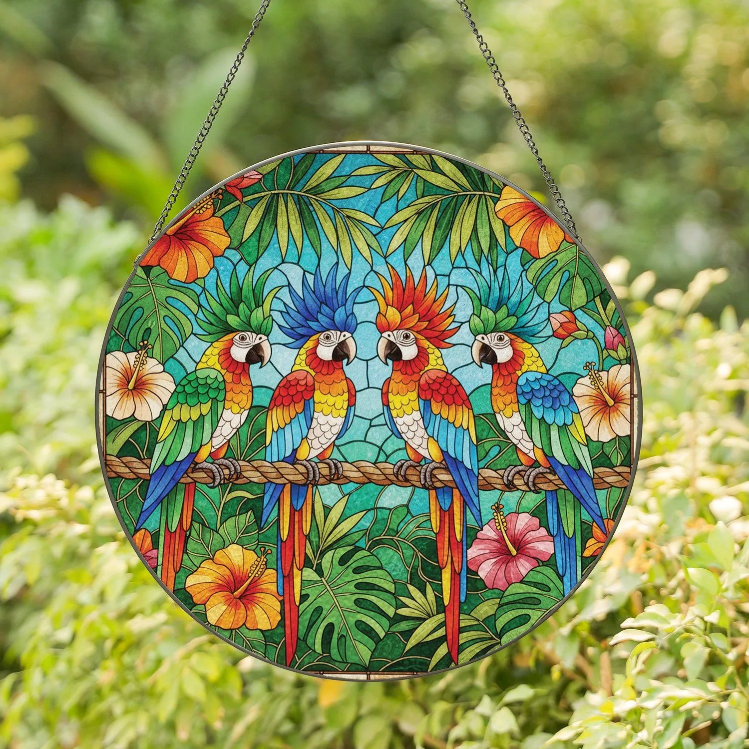 Vibrant Tropical Parrots Hibiscus Monstera Jungle Foliage - Wildlife Lover Home Decor Gift Stained Glass Suncatcher - 1