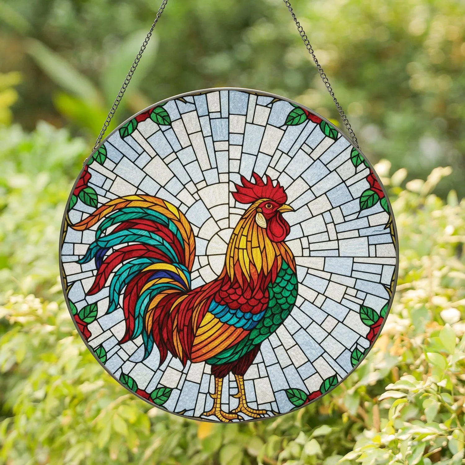 Stained Glass Rooster Roses Geometric Sky Farmhouse Home Decor Gift for Rooster Lover Stained Glass Suncatcher - 1