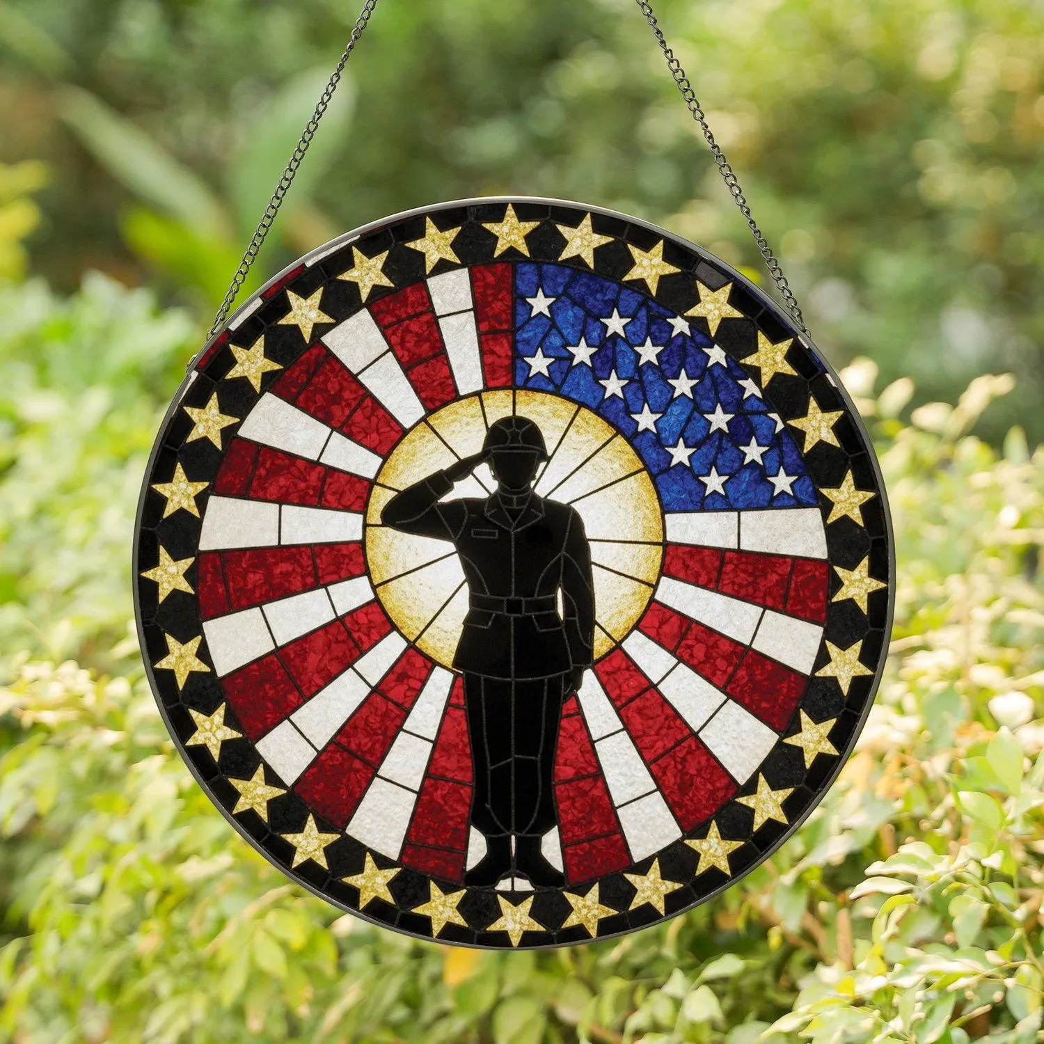 Soldier Saluting American Flag Golden Stars - Patriotic Home Decor Gift Stained Glass Suncatcher - 1