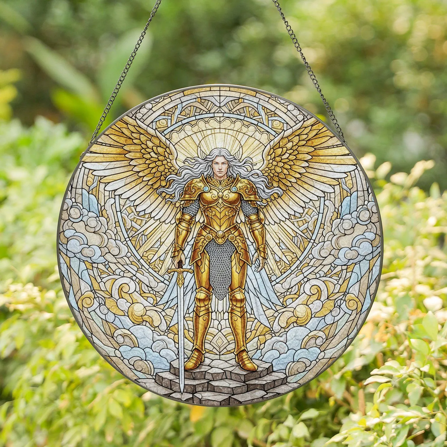 Angelic Warrior Golden Armor Silver Sword Celestial Clouds - Home Decor Gift Stained Glass Suncatcher - 1