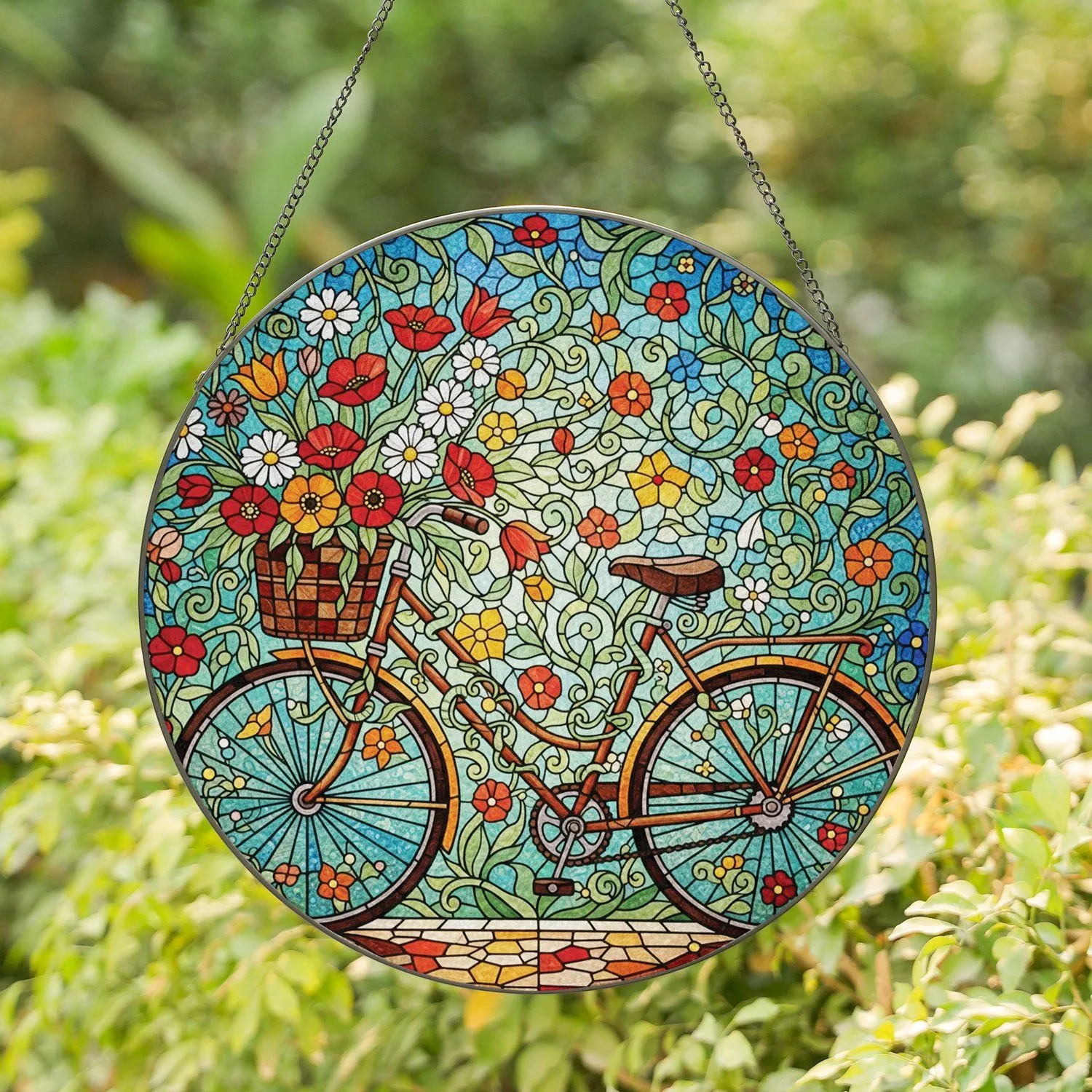 Poppy Tulip Blossom Bicycle Stained Glass Garden - Home Decor Gift for Flower Lovers Stained Glass Suncatcher - 1