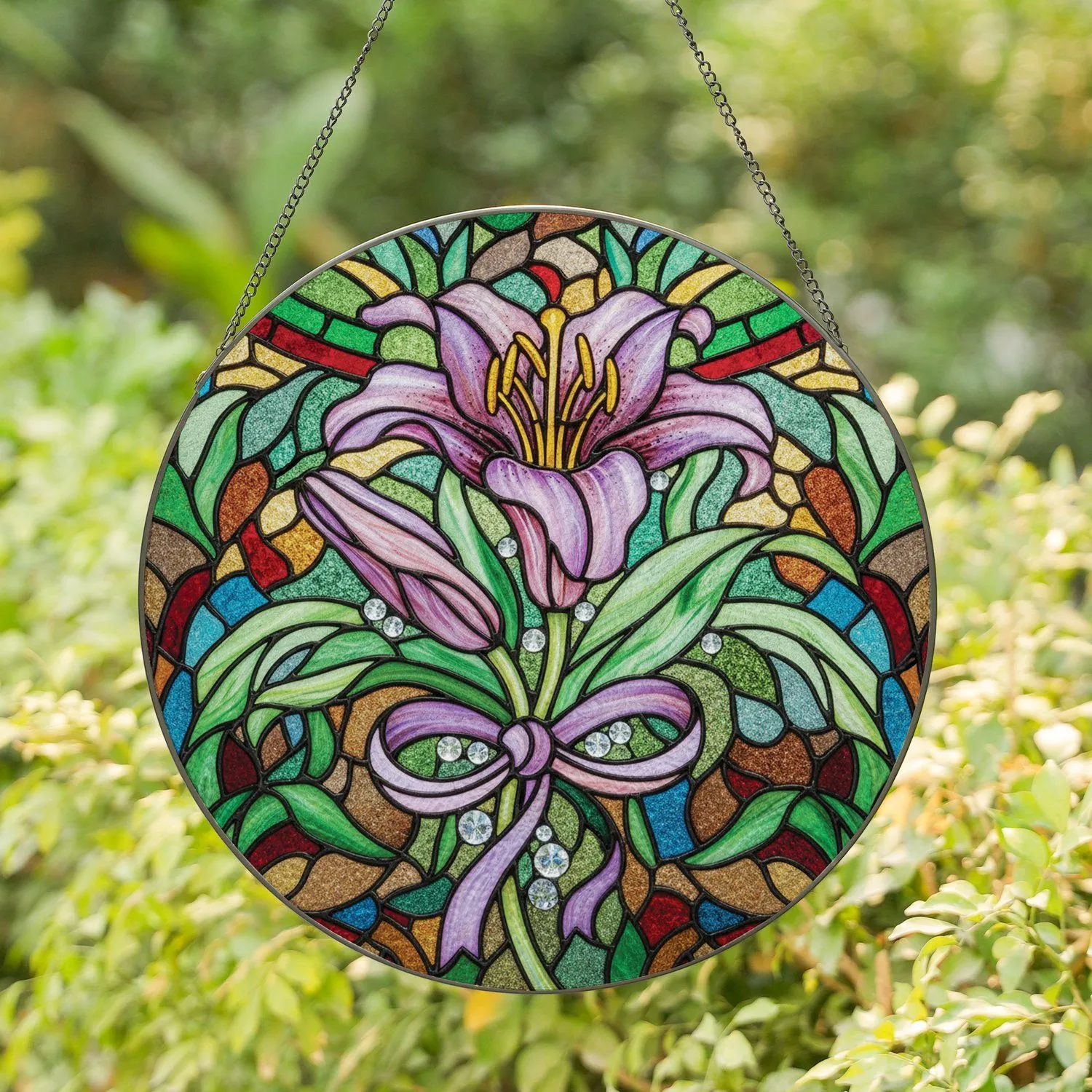 Stained Glass Lily Bloom Flowers Purple Ribbon Mosaic Green Leaves Home Decor Gift Stained Glass Suncatcher - 1