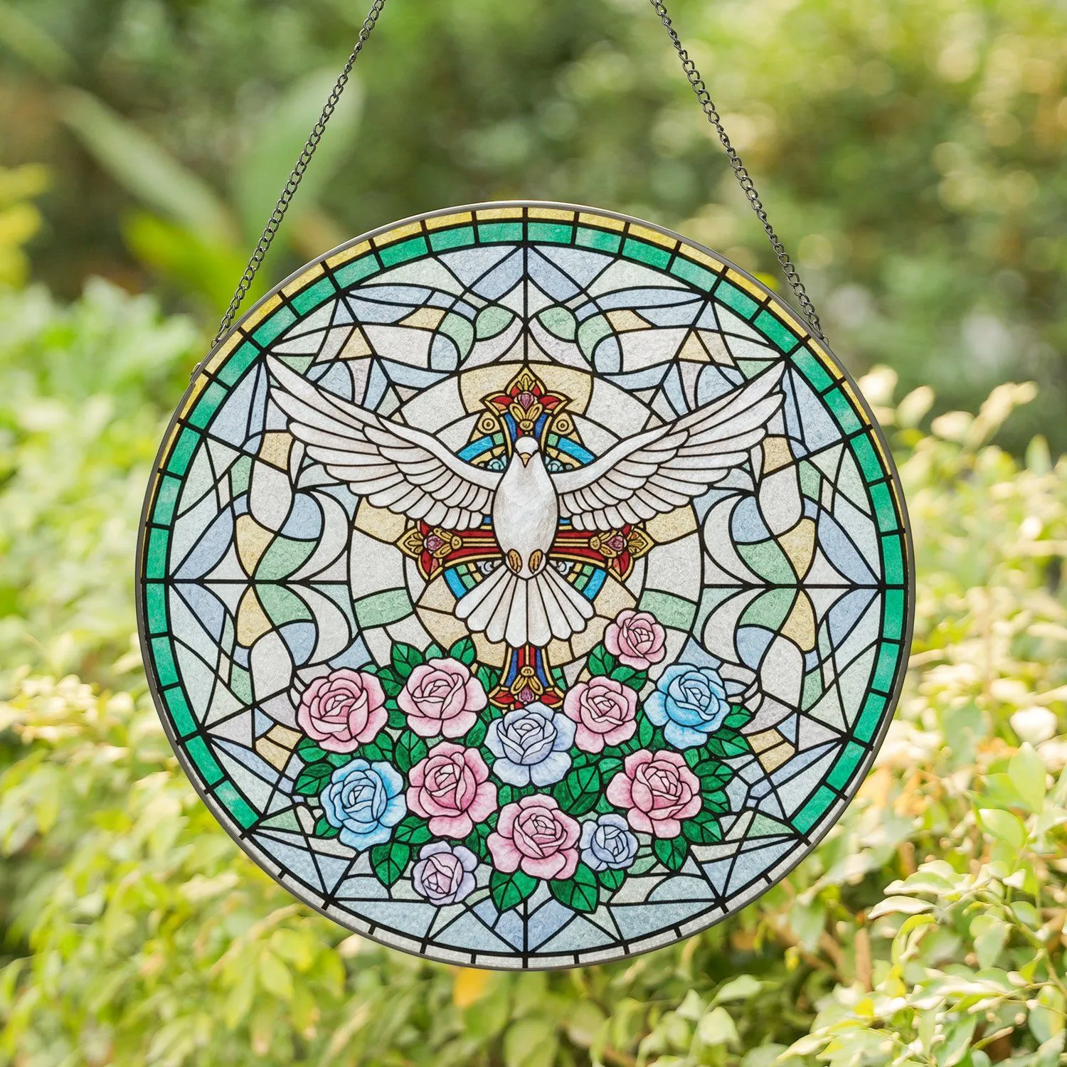 Tiffany Stained Glass White Dove Cross Roses Bloom - Home Decor Gift for Art Lover Stained Glass Suncatcher - 1