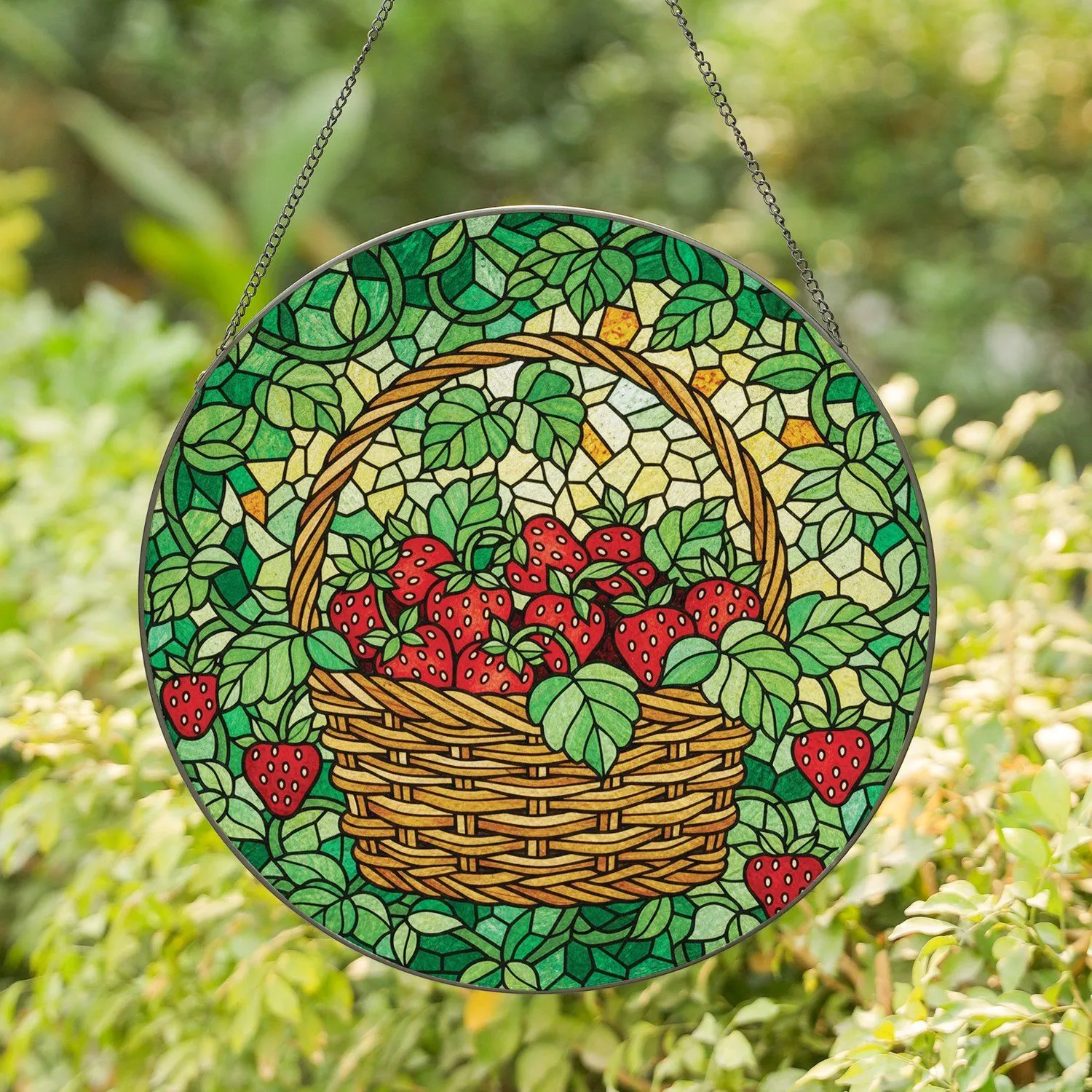 Rustic Wicker Strawberry Harvest Basket Leaves Vines Sun-Dappled Garden Home Decor Gift Stained Glass Suncatcher - 1