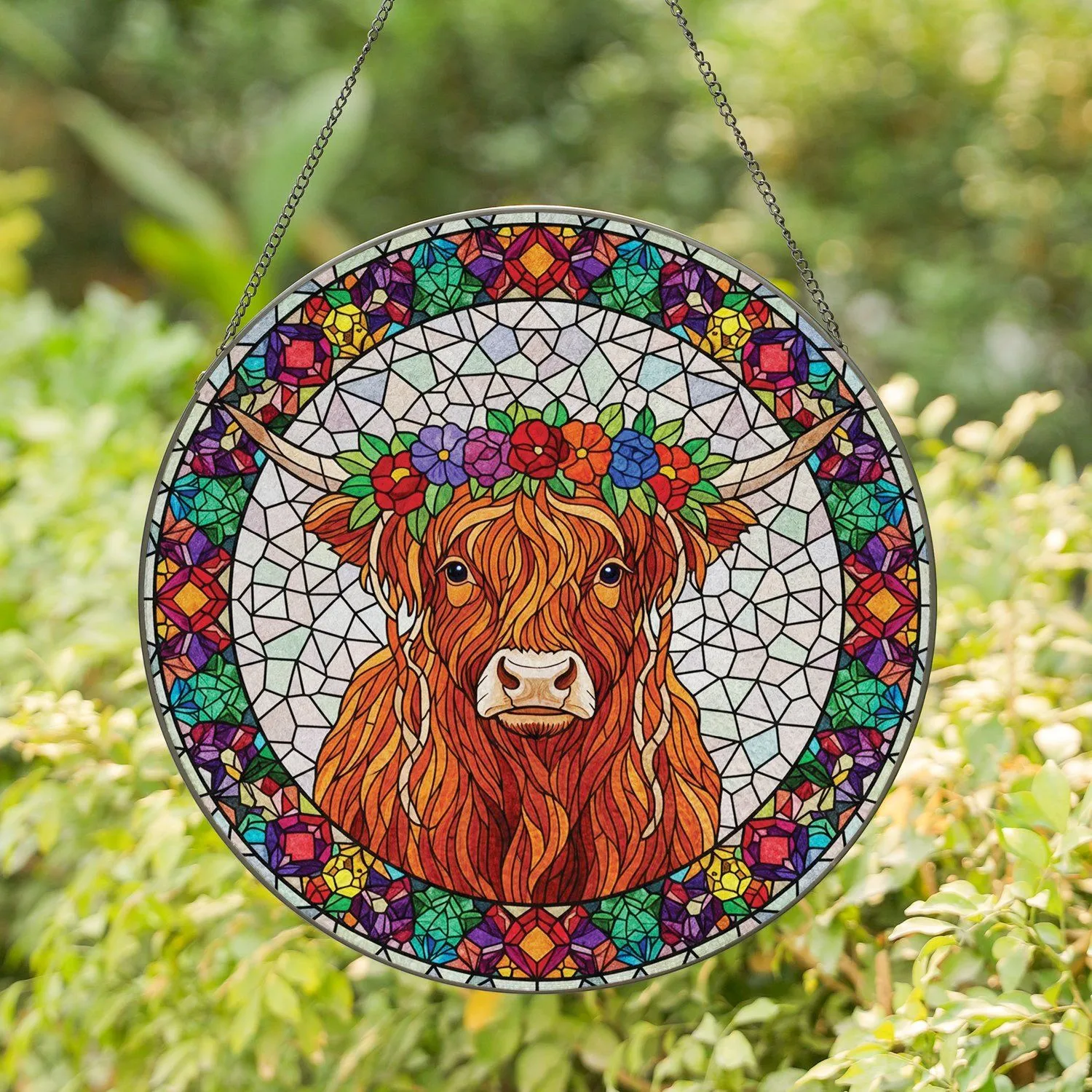 Highland Cow Floral Crown Gemstone Mosaic - Farmhouse Decor Gift for Cow Lover Stained Glass Suncatcher - 1