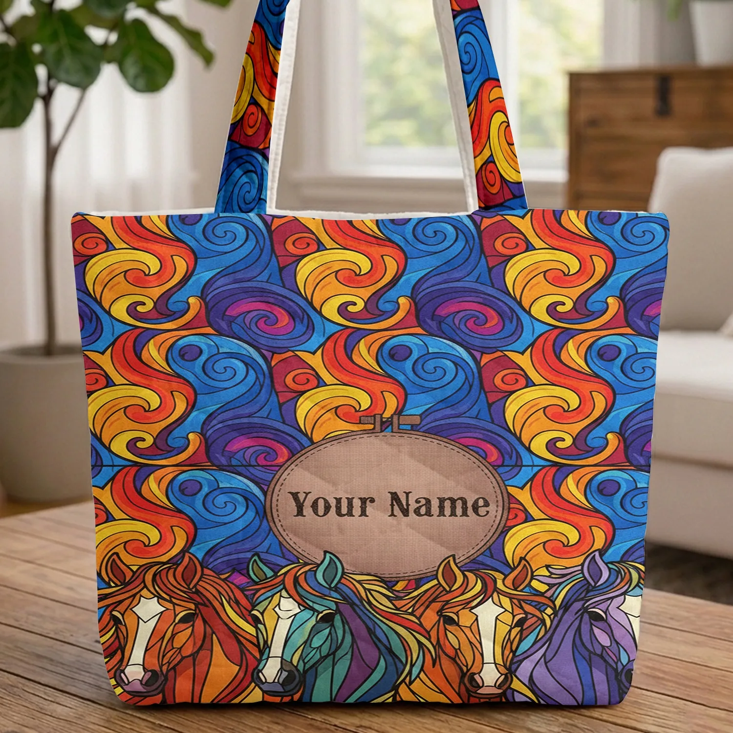 Stained Glass Horse Heads - Everyday Carry Gift for Horse Lover, Equestrian, and Travel Quilted Tote Bag - 1