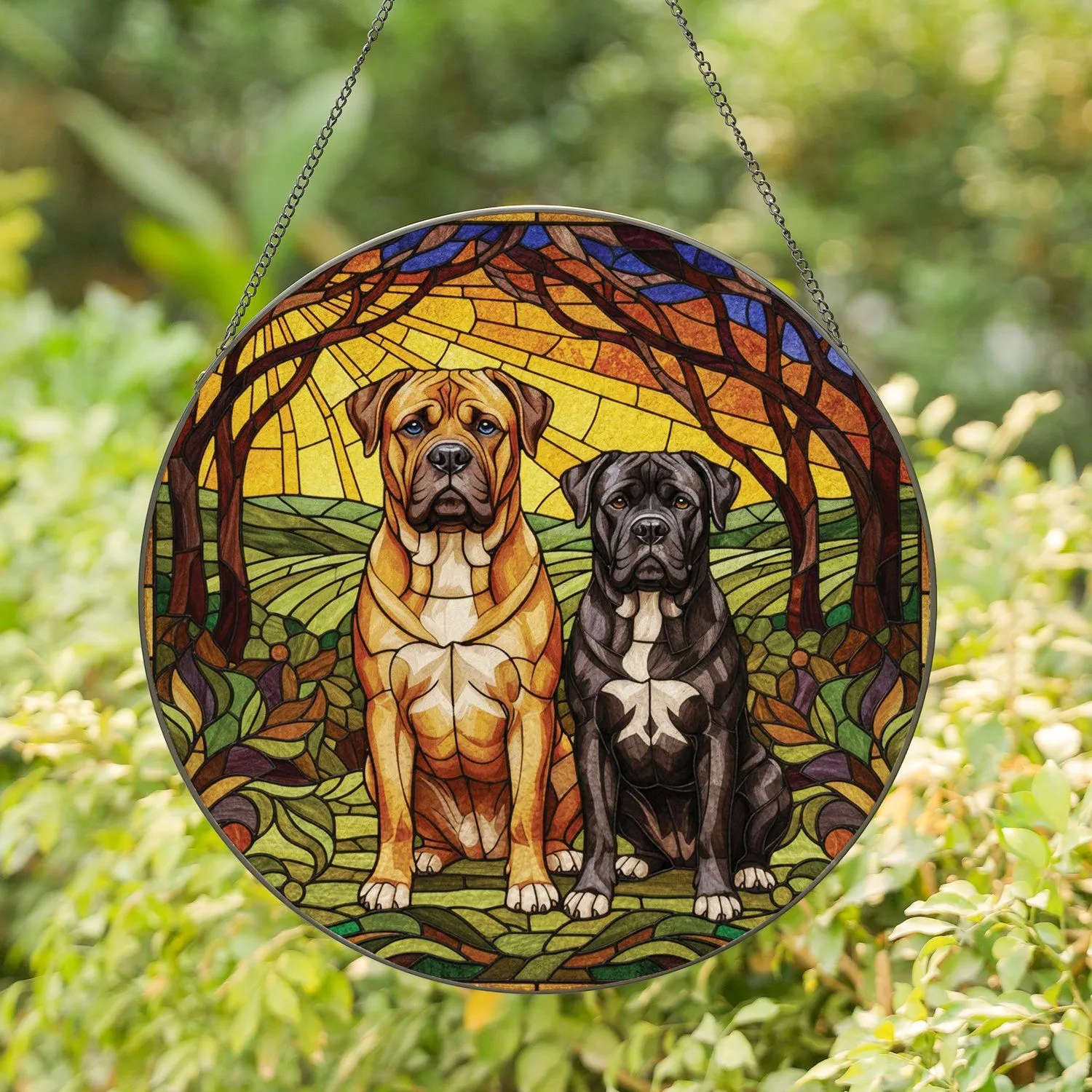 Majestic Bullmastiff Dogs Serene Pastoral Landscape Home Decor Gift for Dog Lover Stained Glass Suncatcher - 1